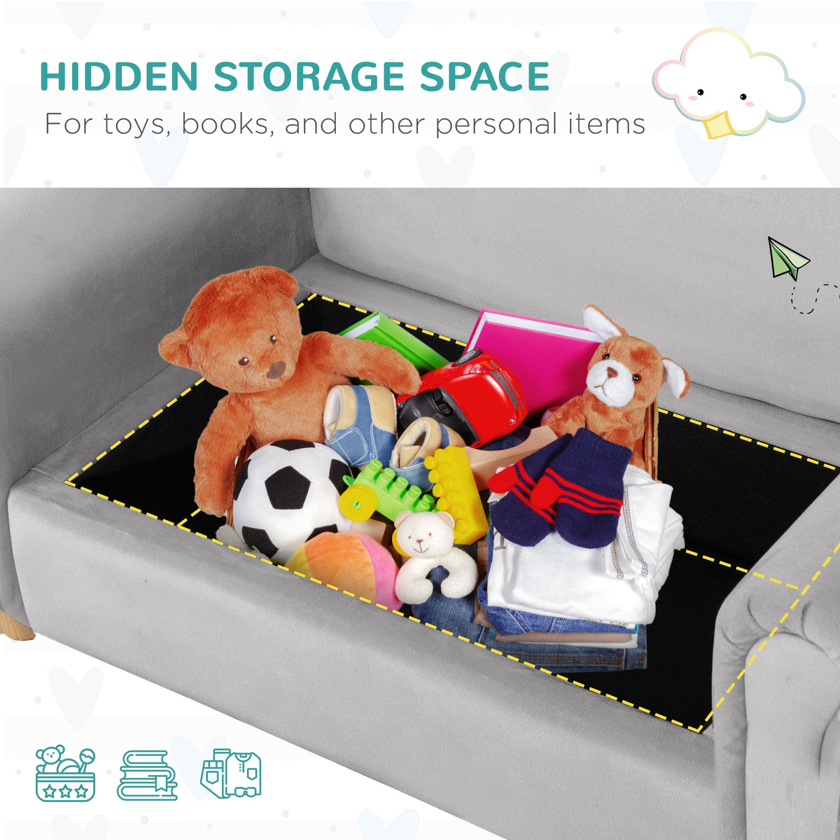 Ergonomic Foam Kids Sofa with Inner Toy Storage Chest, Velvet Kids Couch with Soft Arms, Children's Lounge Furniture, 33" x 16.25" x 19", Gray