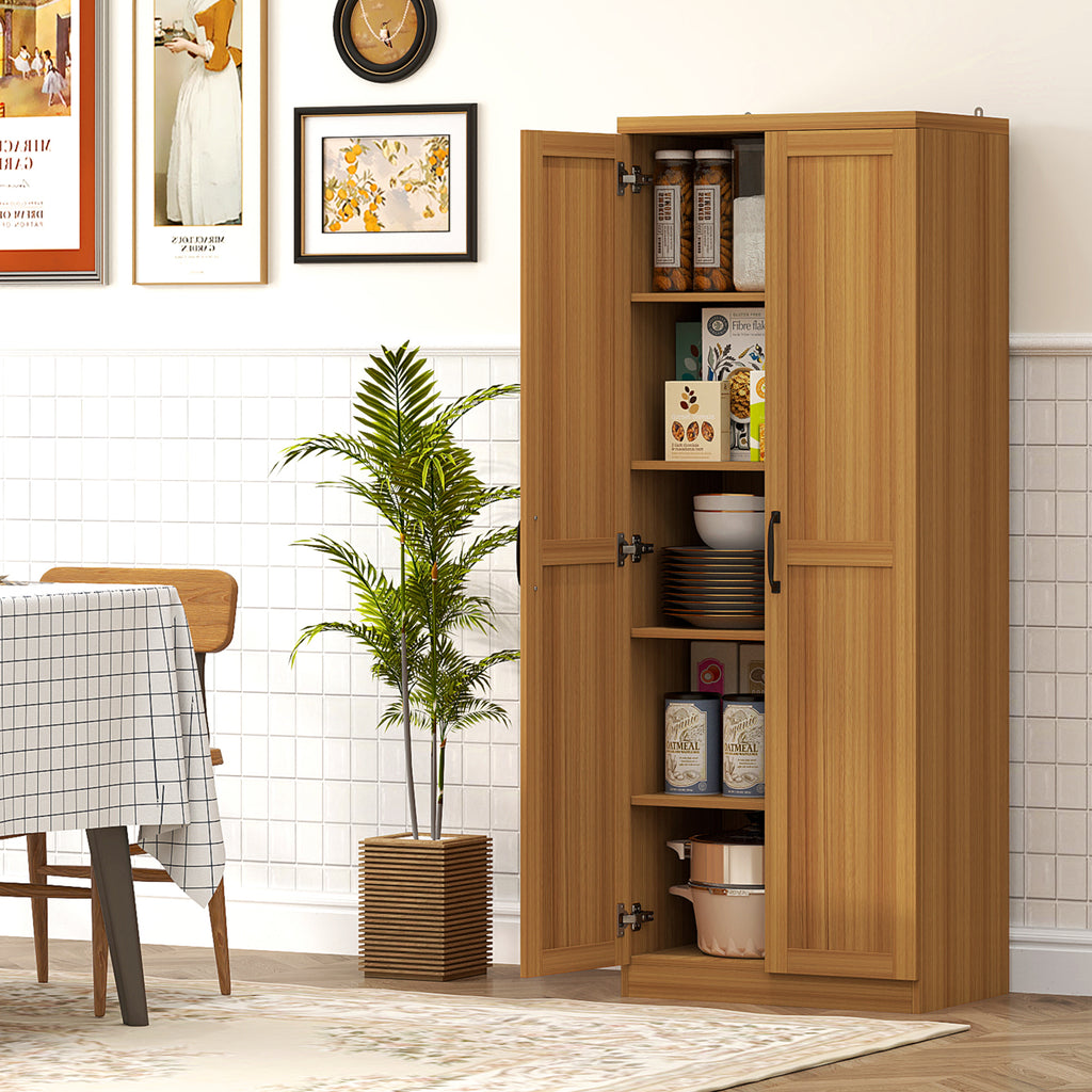 63" 2-Door Kitchen Pantry, Freestanding Cabinet with 2 Adjustable Shelves for Dining Room, Cinnamon Teak Wood Grain