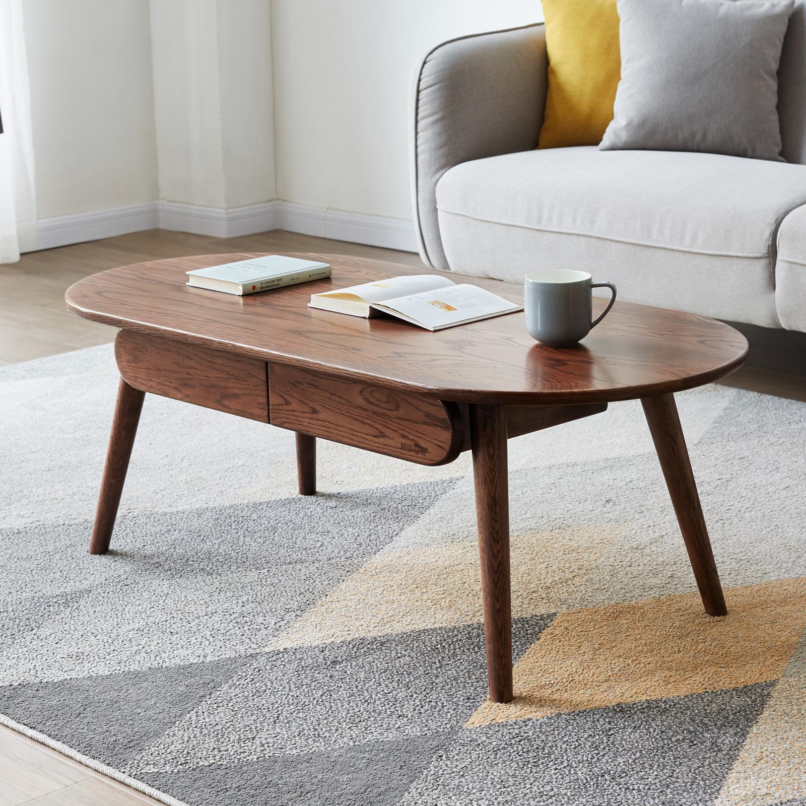 Solid Coffee Table with Modern Oval Top and Rounded Corners, Sturdy Center Table with 2 Storage Drawers, 47″ L x 22″ W x 16.5″ H, Walnut