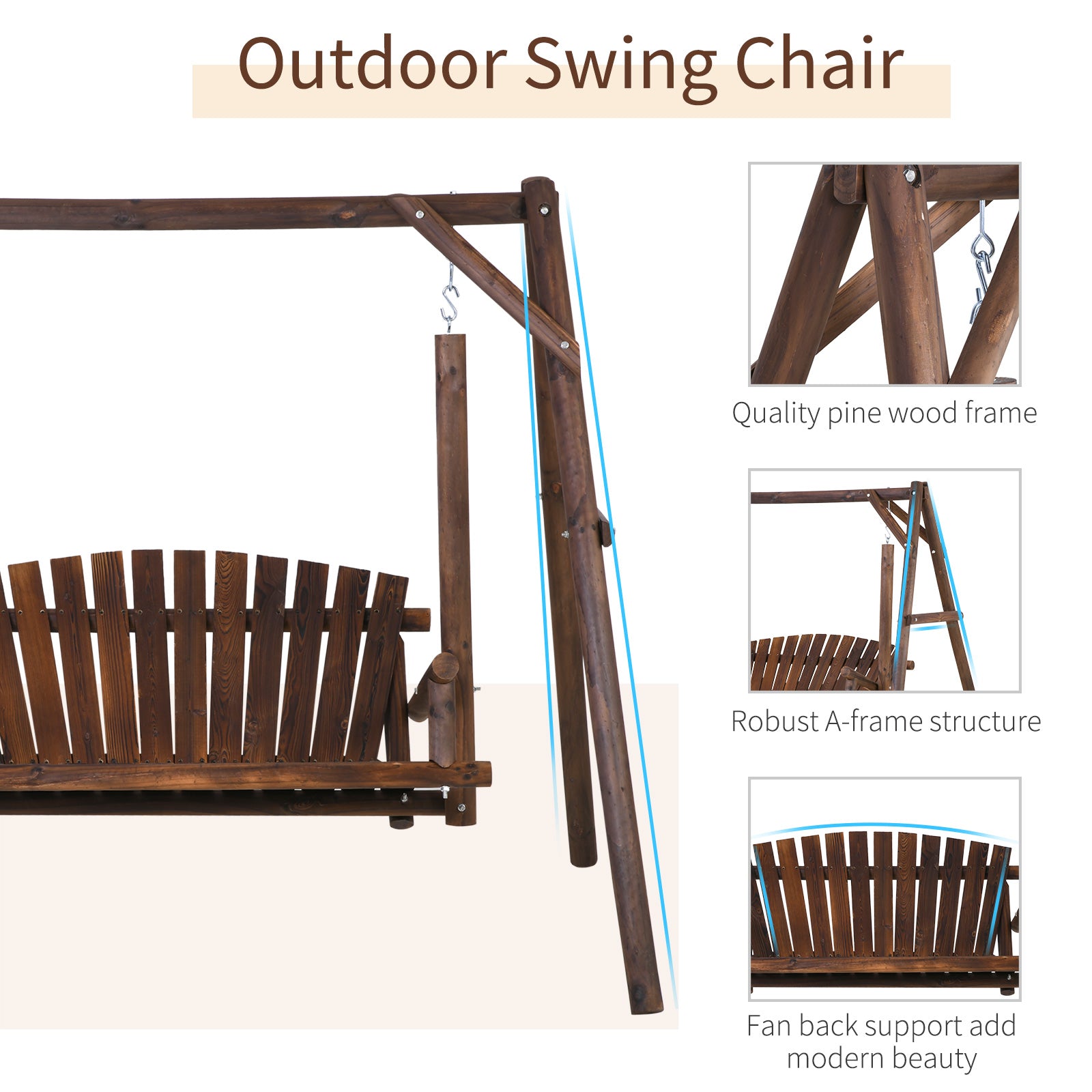 2-Seat Wooden Swing Bench, Ergonomic Design, 'A' Frame Construction, Stable and Non-Slip, Solid Wood Frame Log Garden Swing, for Outdoor and Indoor, Brown