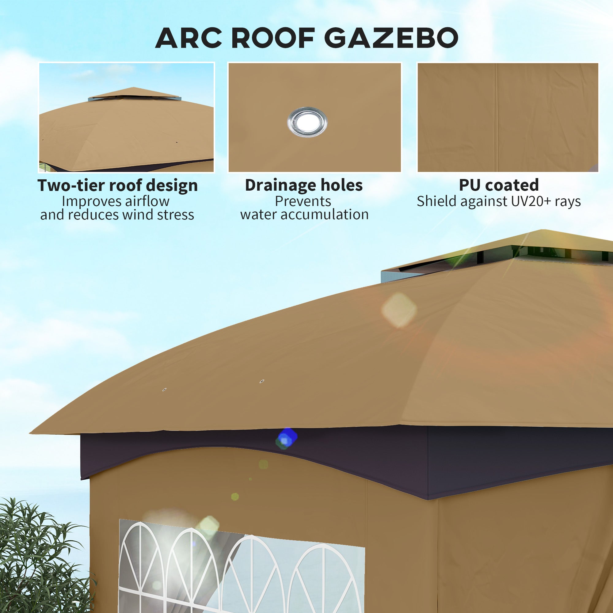 11' x 11' Outdoor Gazebo, Double Roof Patio Gazebo with Curtains, Church Windows, Galvanized Steel Frame, Beige