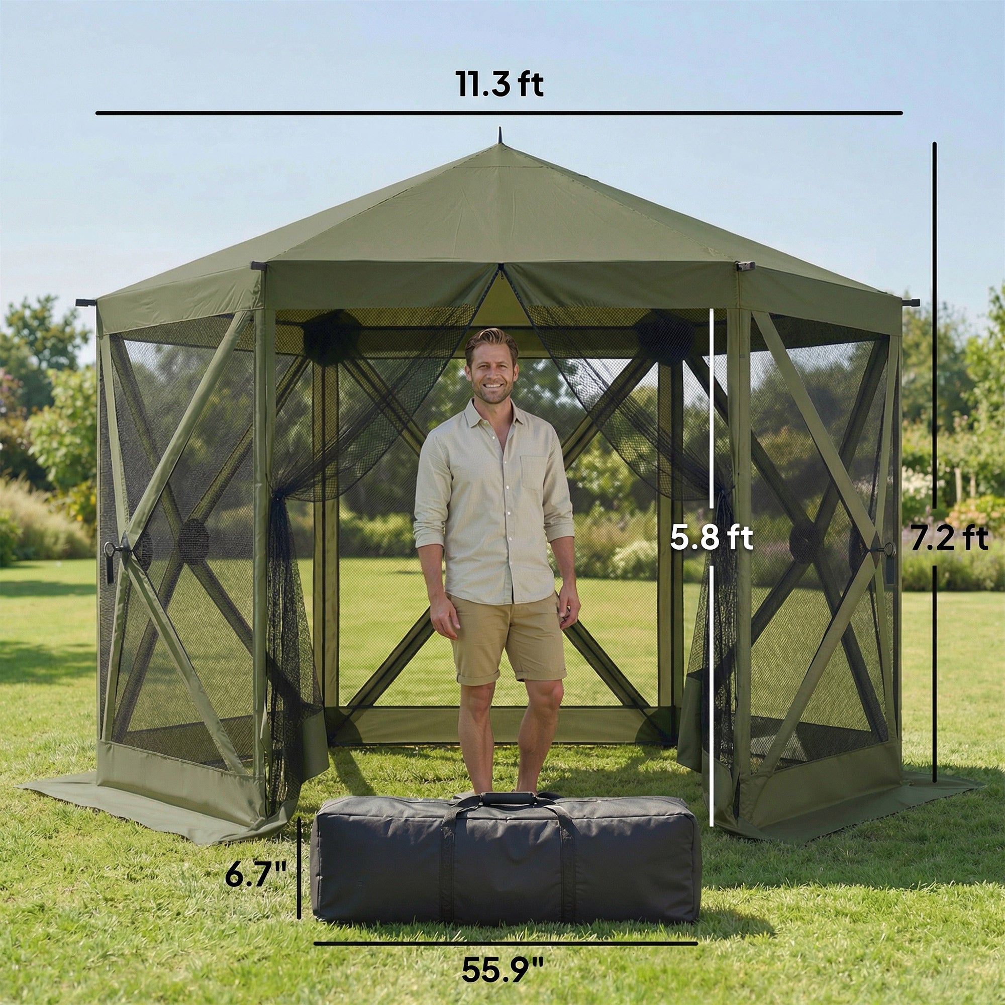10 x 11 ft Pop Up Gazebo Screen Tent, Portable Instant Camping Canopy Screen House with Nettings, Carry Bag, Dark Green