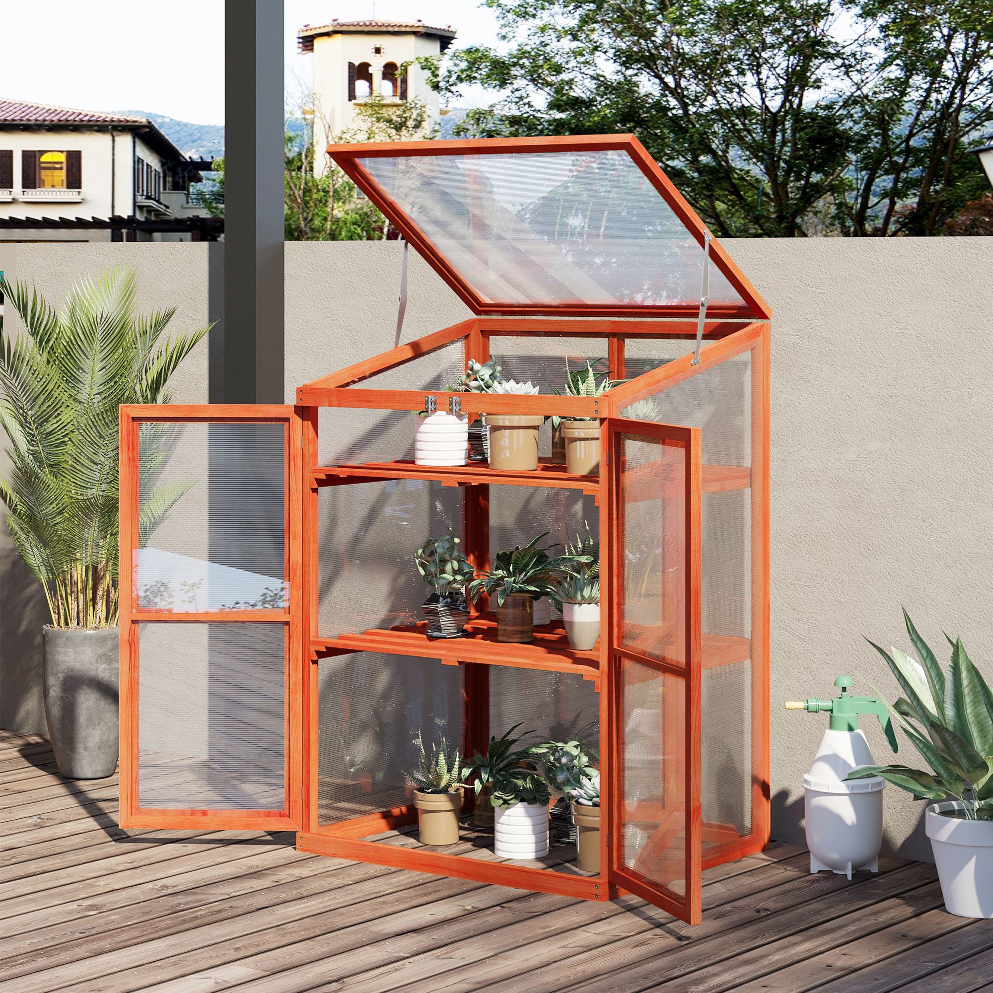 Wooden Cold Frame Greenhouse Small Mini Planter Box, 30" L x 24" W x 44" H, Golden Red Finish