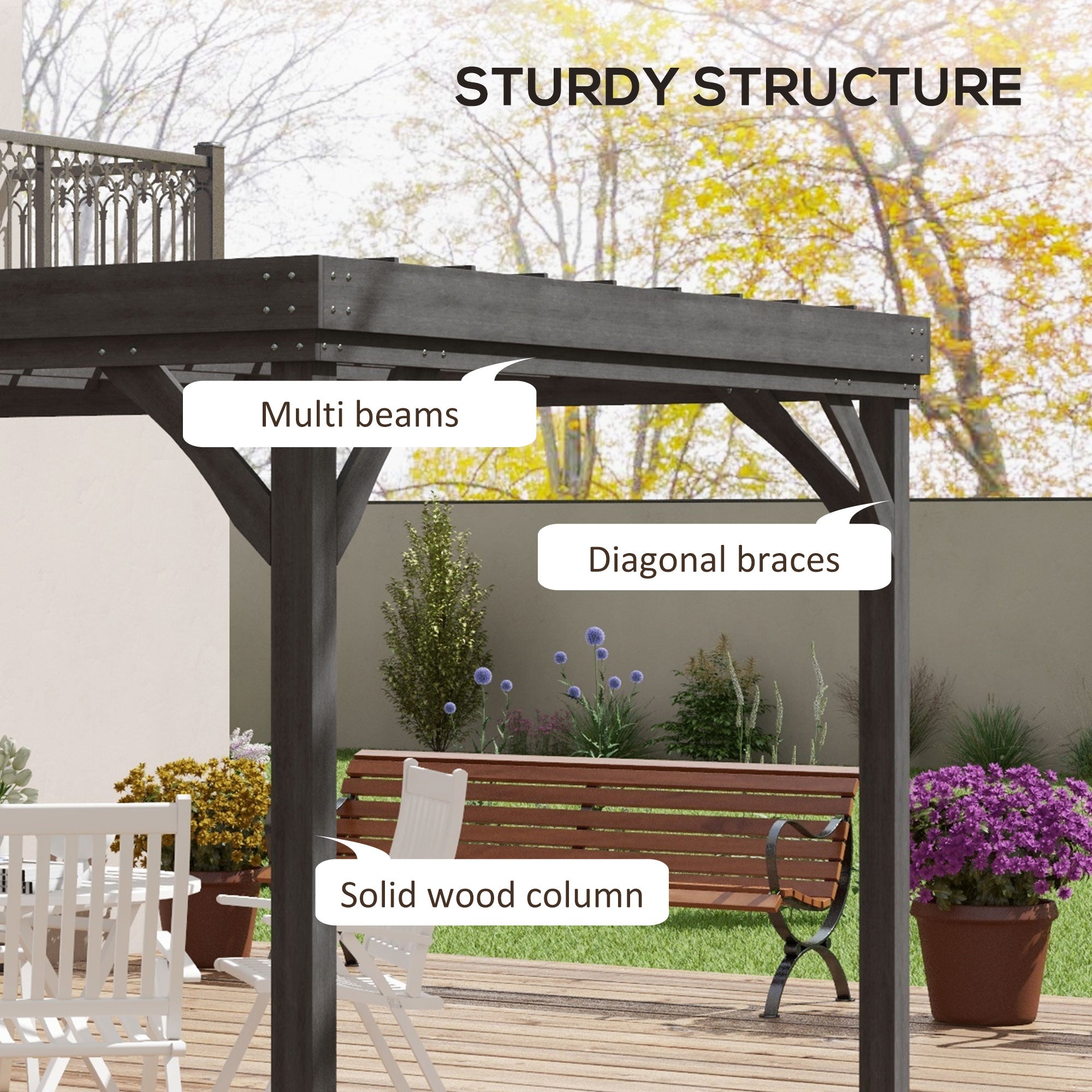 10' x 12' Outdoor Wooden Pergola, Grape Vine Gazebo with Concrete Anchors for Garden, Patio, Backyard, Deck, Gray