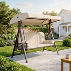 3-Seat Patio Swing Chair, Outdoor Porch Swing Glider with Adjustable Canopy, Removable Cushion, Pillows and Side Trays, for Garden, Poolside, Backyard, Beige