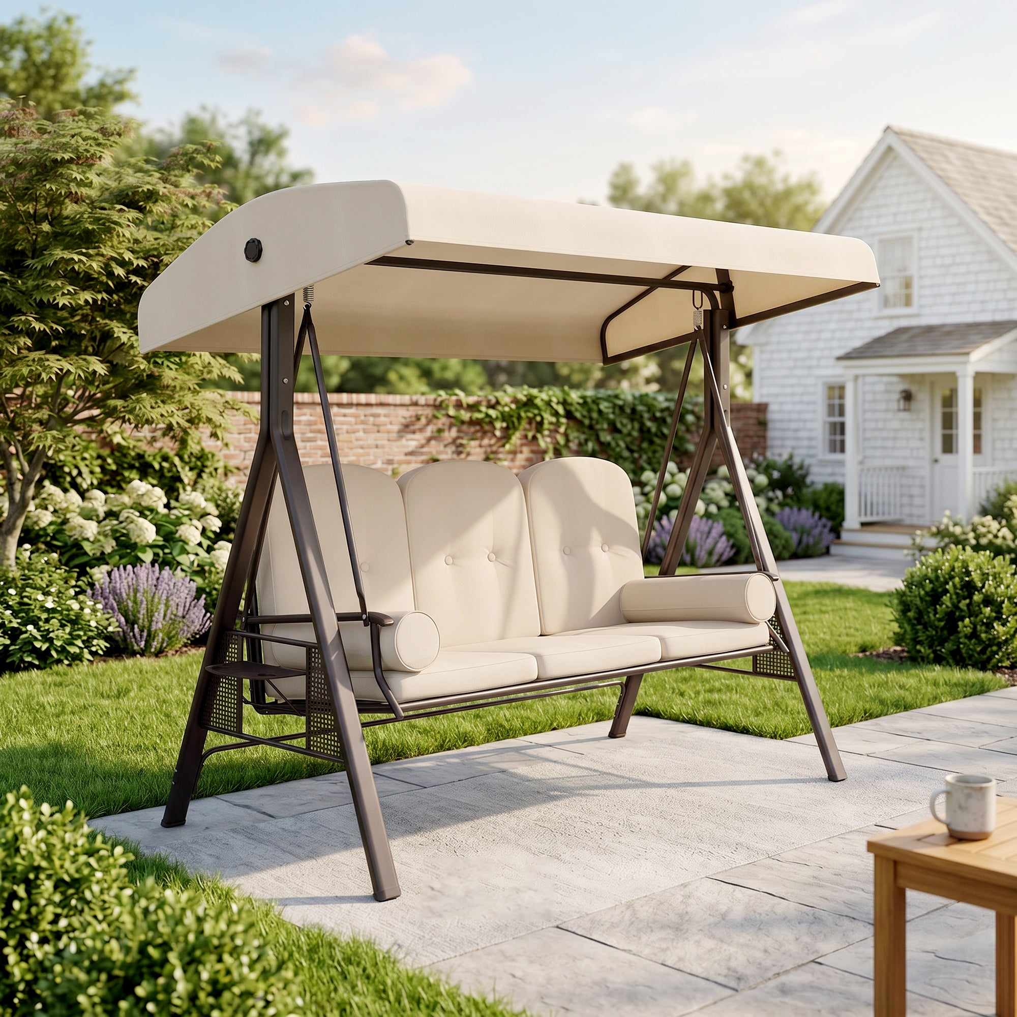 3-Seat Patio Swing Chair, Outdoor Porch Swing Glider with Adjustable Canopy, Removable Cushion, Pillows and Side Trays, for Garden, Poolside, Backyard, Beige