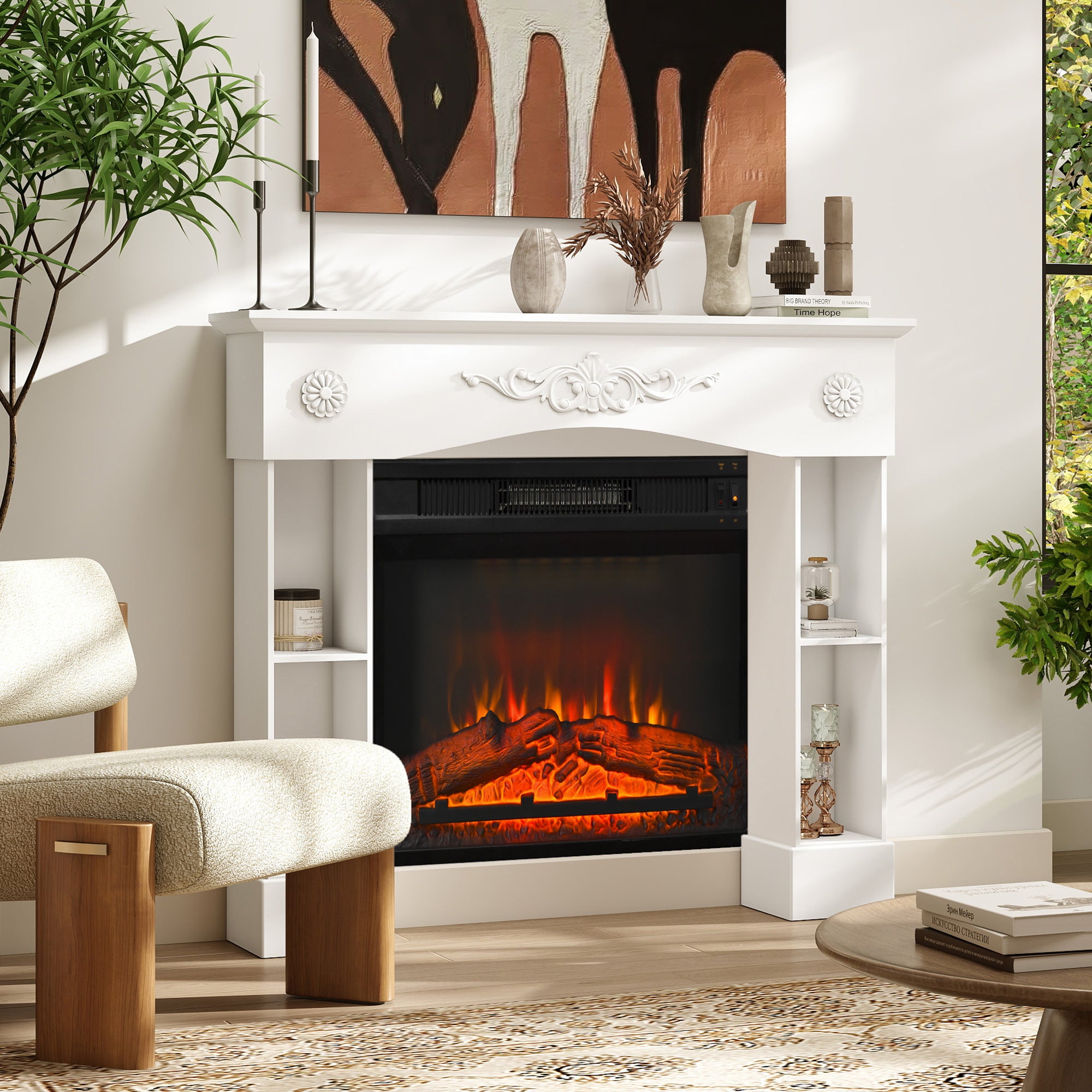 Baroque Fireplace Mantel, Freestanding Fireplace Surround with Leg for Electric Fireplaces, 45.3" W x 39.4" H, White