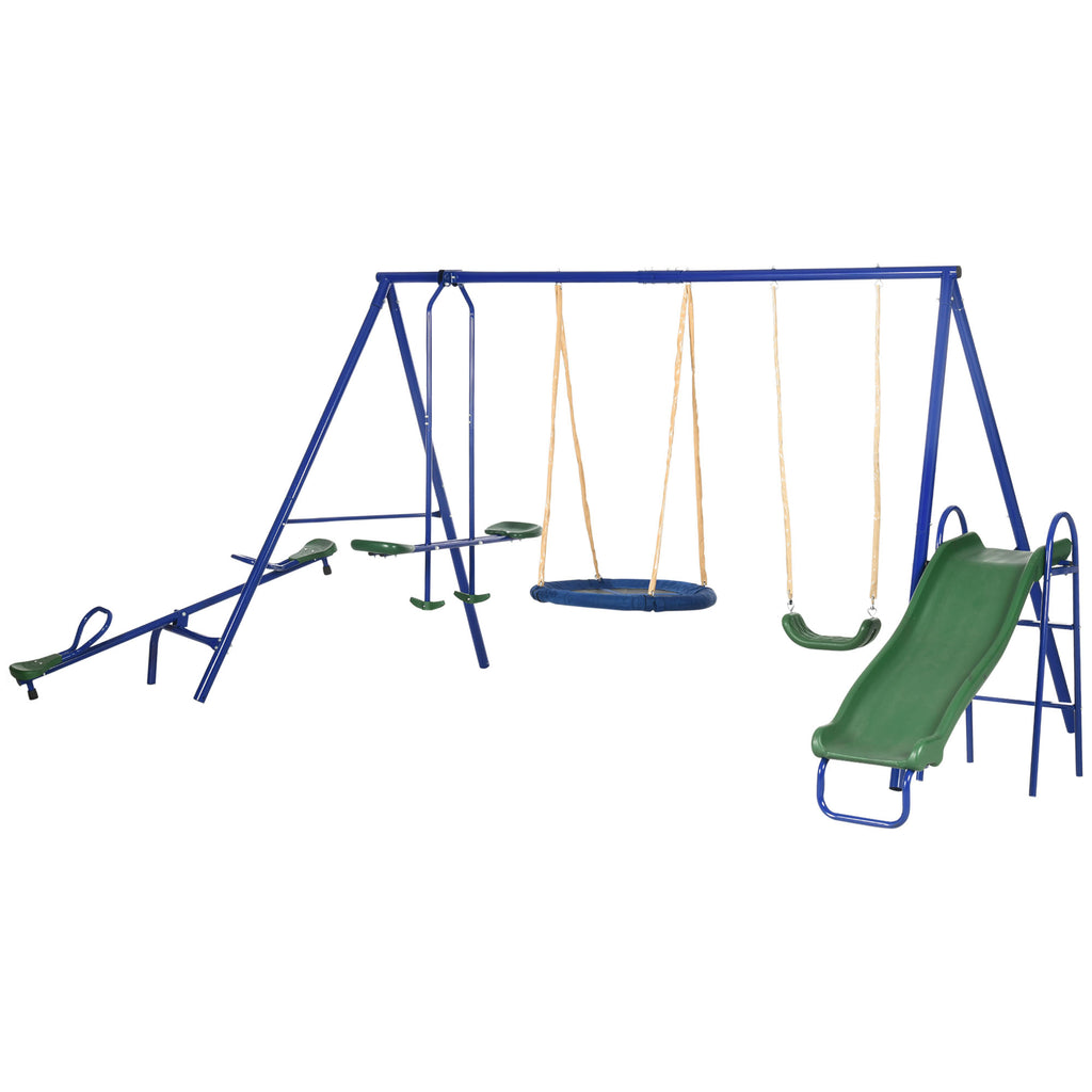 693 lbs Metal Swing Set for Kids, 5 in 1 Outdoor Playset with Heavy Duty A-Frame Stand, 29.5" Saucer Swing, Slide, Teeter-Totter, Glider, for Backyard, Blue