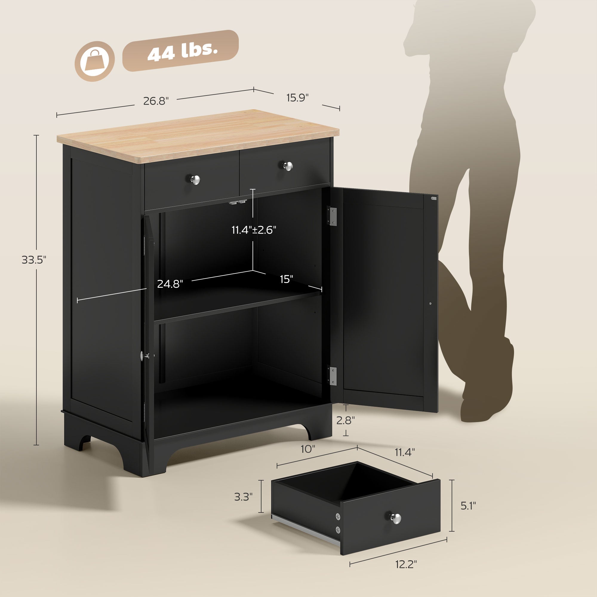 Kitchen Storage Cabinet, Sideboard Floor Cupboard with Solid Wood Top, Adjustable Shelf, and 2 Drawers, Black