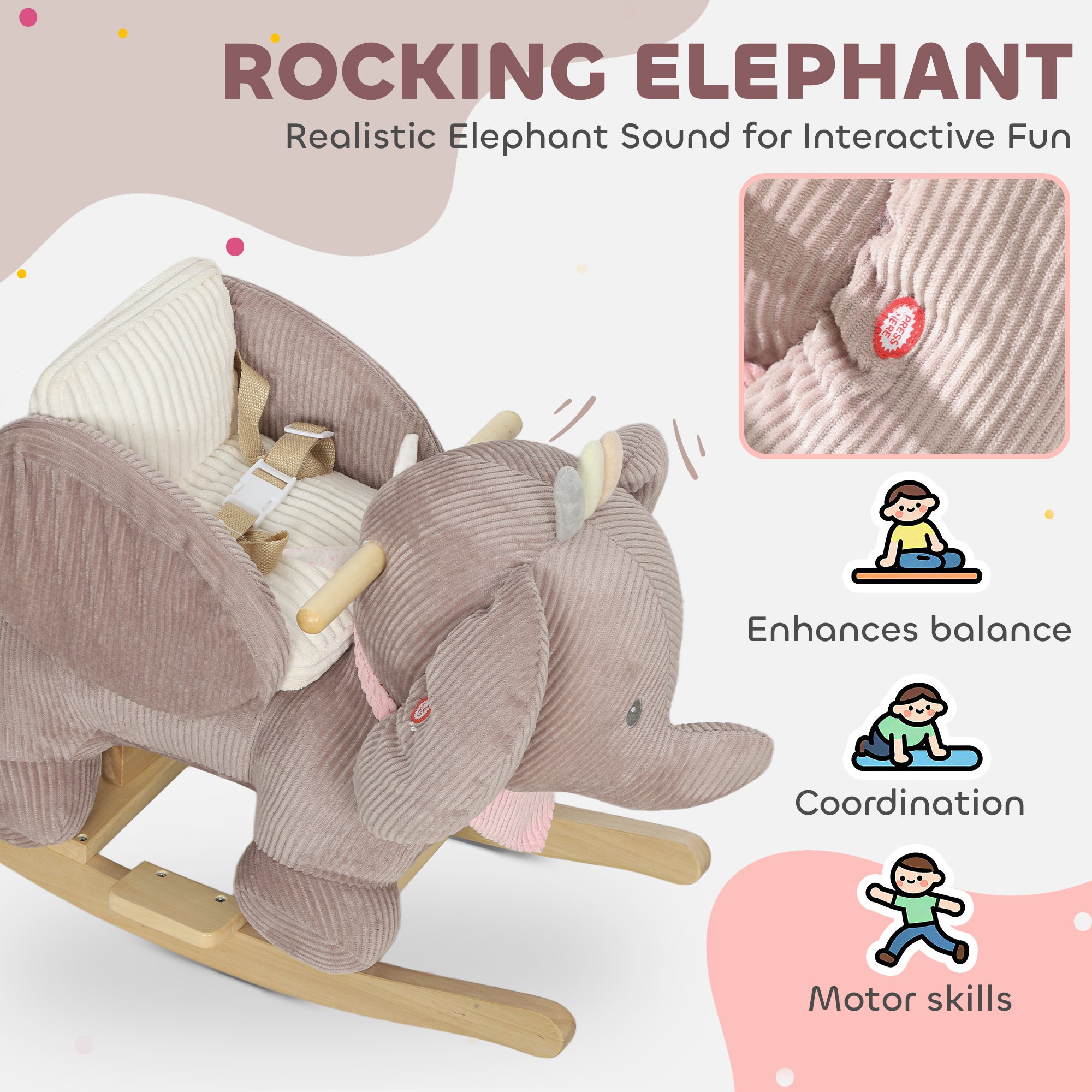 Baby Rocking Horse with Seat, Kids Ride On Toy with Realistic Elephant Sound and Safety Belt for 18 to 36 Months, Pink