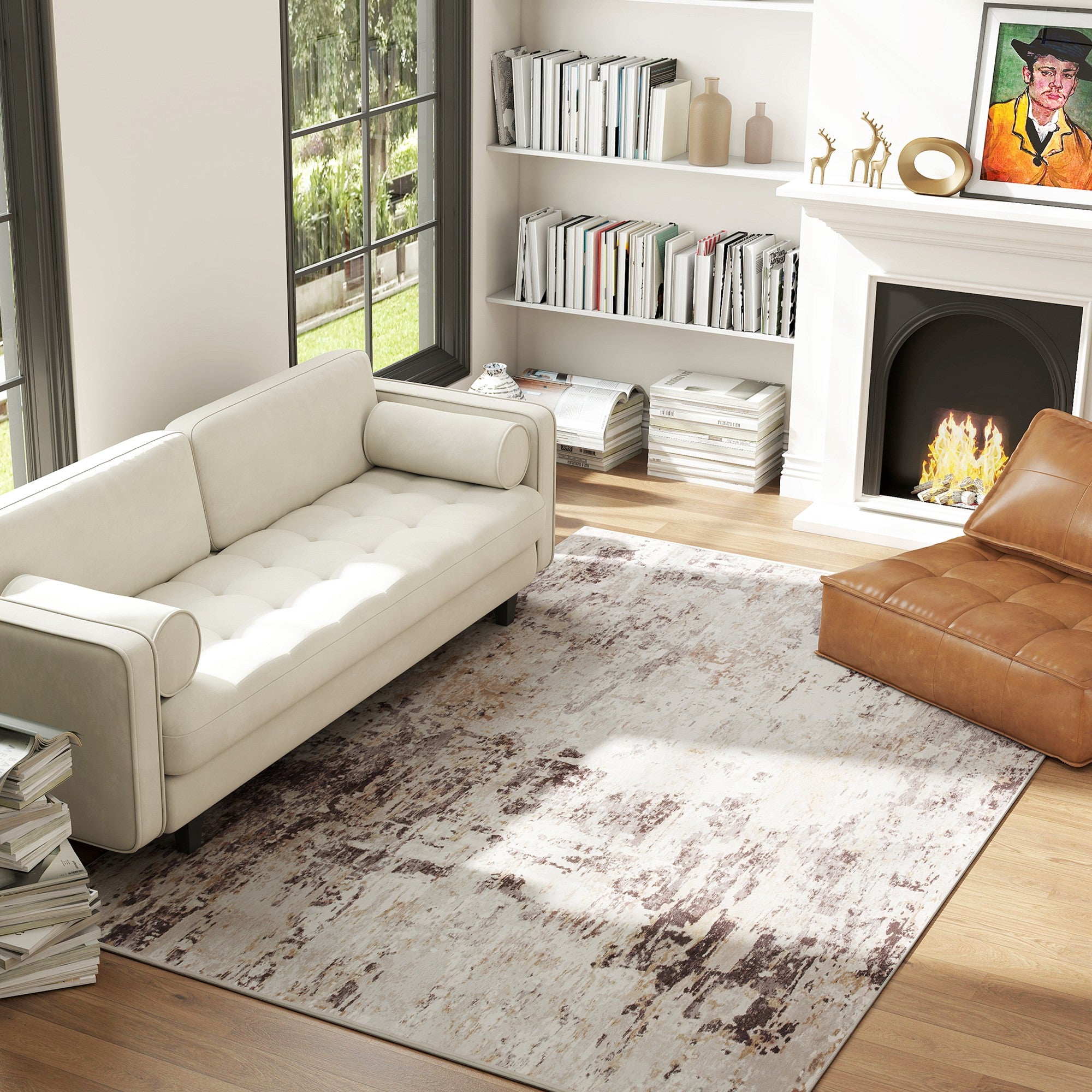 Machine Washable Area Rug 5x7, Non-Slip Modern Abstract Floor Carpet for Living Room, Bedroom, Dining Room, Mixed-Brown