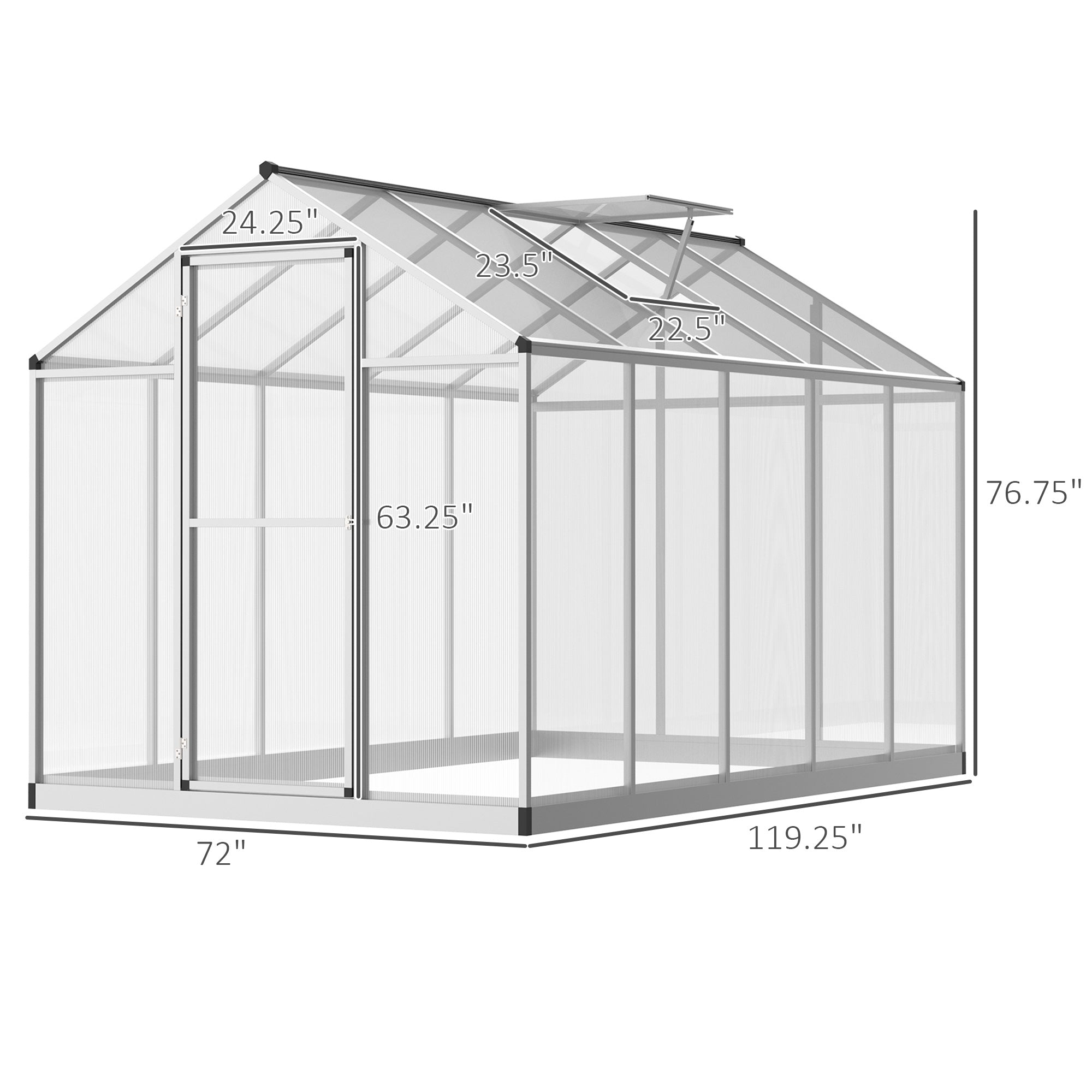 10' L x 6' W Walk-In Polycarbonate Greenhouse with Roof Vent for Ventilation & Rain Gutter for Winter