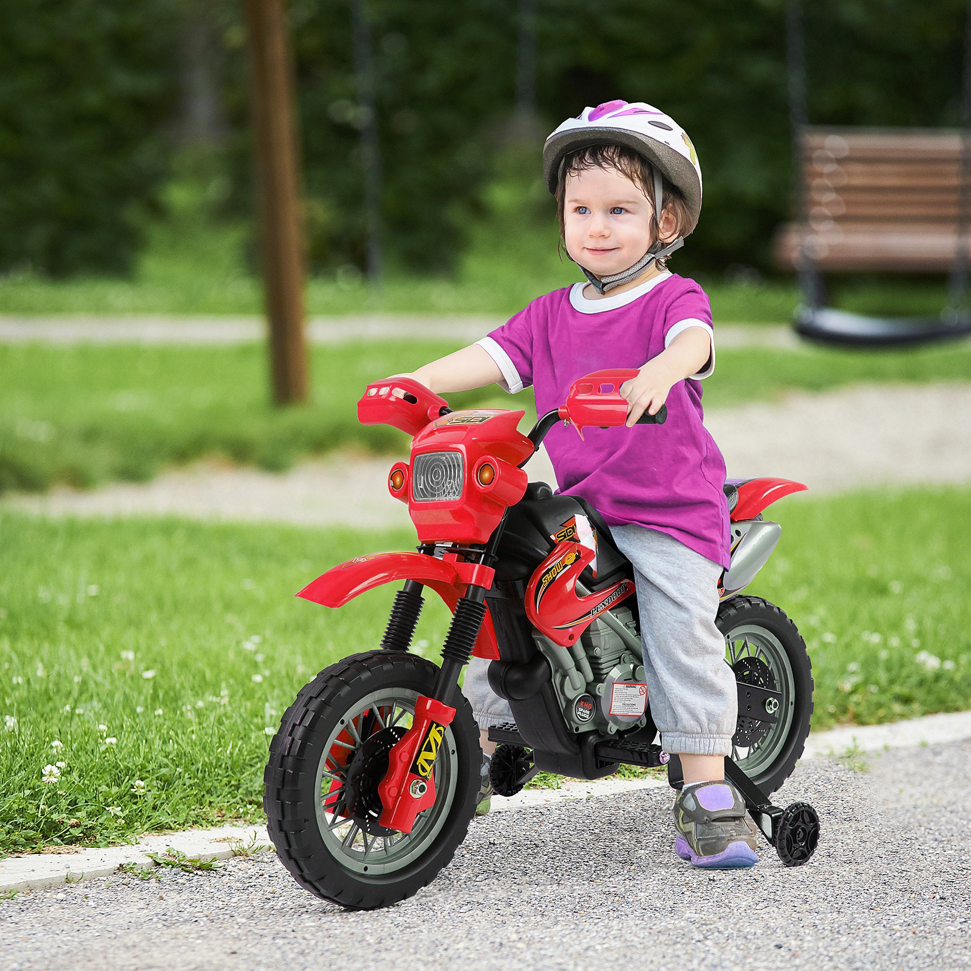 6V Kids Motorcycle, Electric Motorcycle with Dirt Bike Style, Street Bike Design Battery Powered Ride On Toy with Training Wheels, Headlight, Music, Ages 5-8, Red