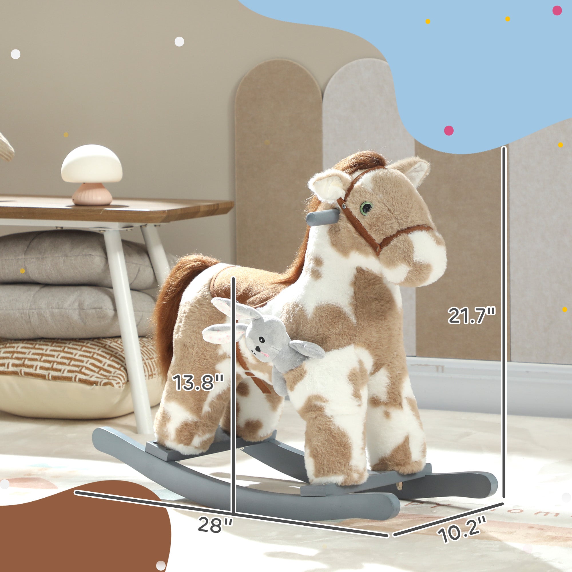 Rocking Horse, Kids Plush Horse Rocker with Rabbit Toy and Realistic Neigh for Toddlers 2–5 Years Old, Brown