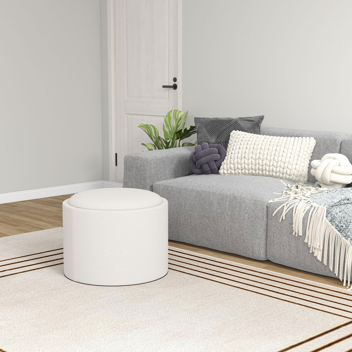 Round Storage Ottoman Coffee Table with Flip Top Tray, Linen Fabric Upholstered Footstool with Hidden Compartment