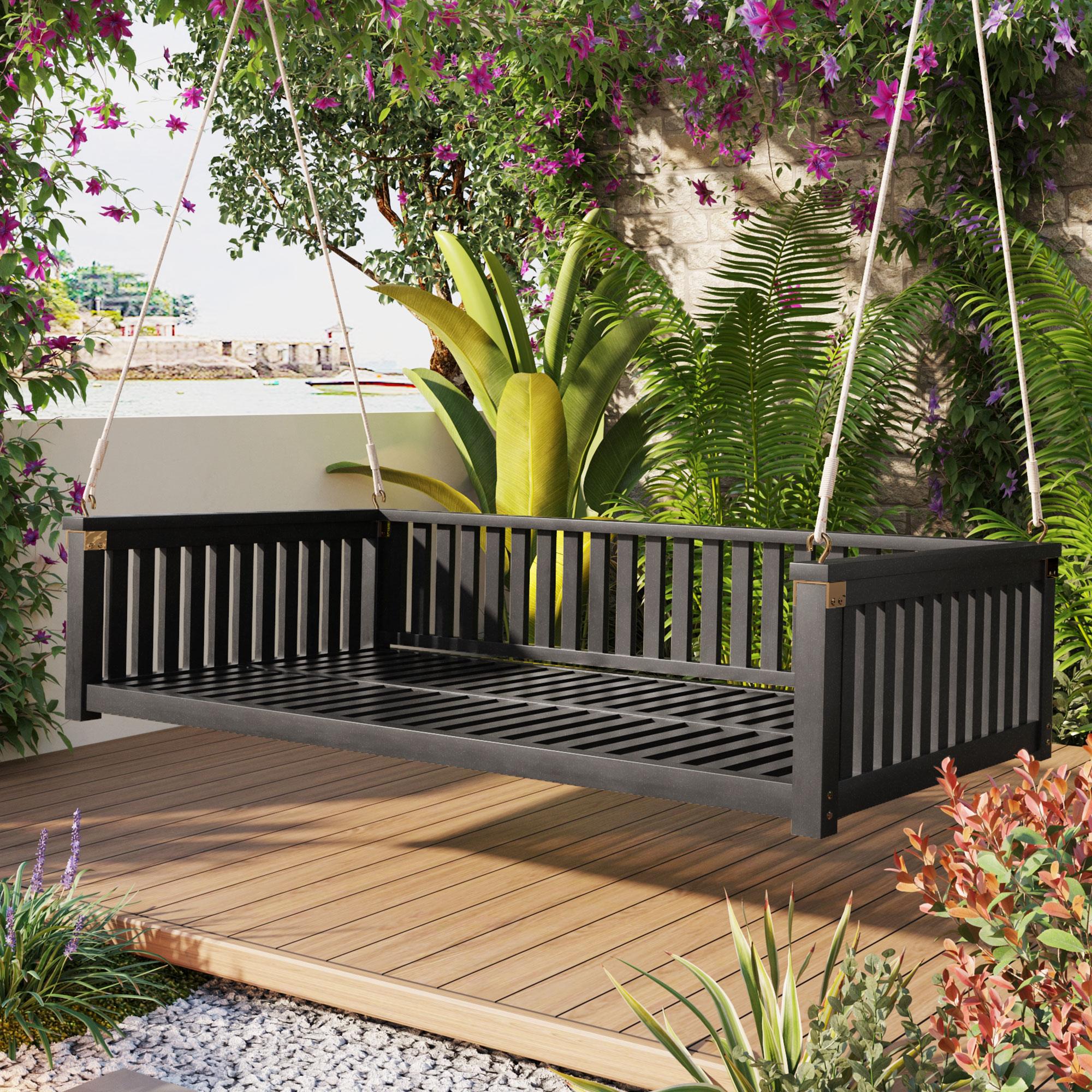 Twin Size Acacia Wood Porch Swing with Ropes for Patio & Garden, Hanging Swing Bed with Sloped Design, 79'' L x 41.5'' W x 21'' H, Black