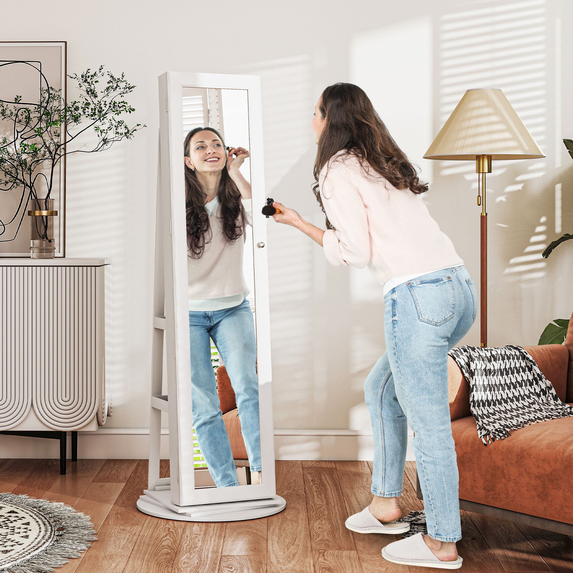 360° Swivel Jewelry Armoire, Lockable Jewelry Cabinet with Full-Length Mirror, Storage Shelves, White
