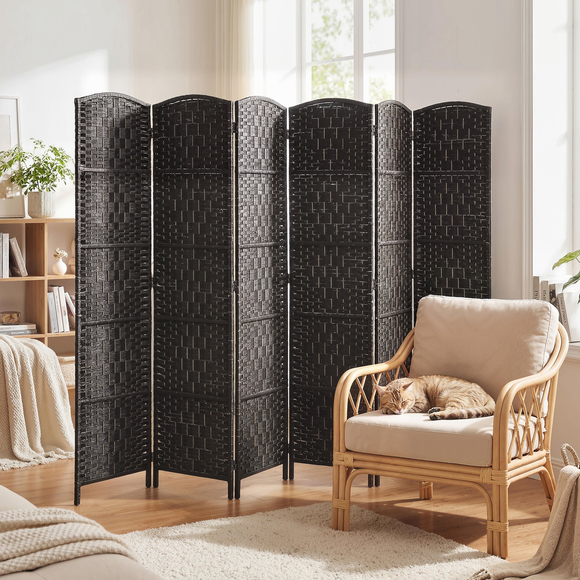 Room Divider, 6 Panel Folding Privacy Screen, 6FT Tall Portable Weave Partition Wall Divider for Bedroom, Coffee
