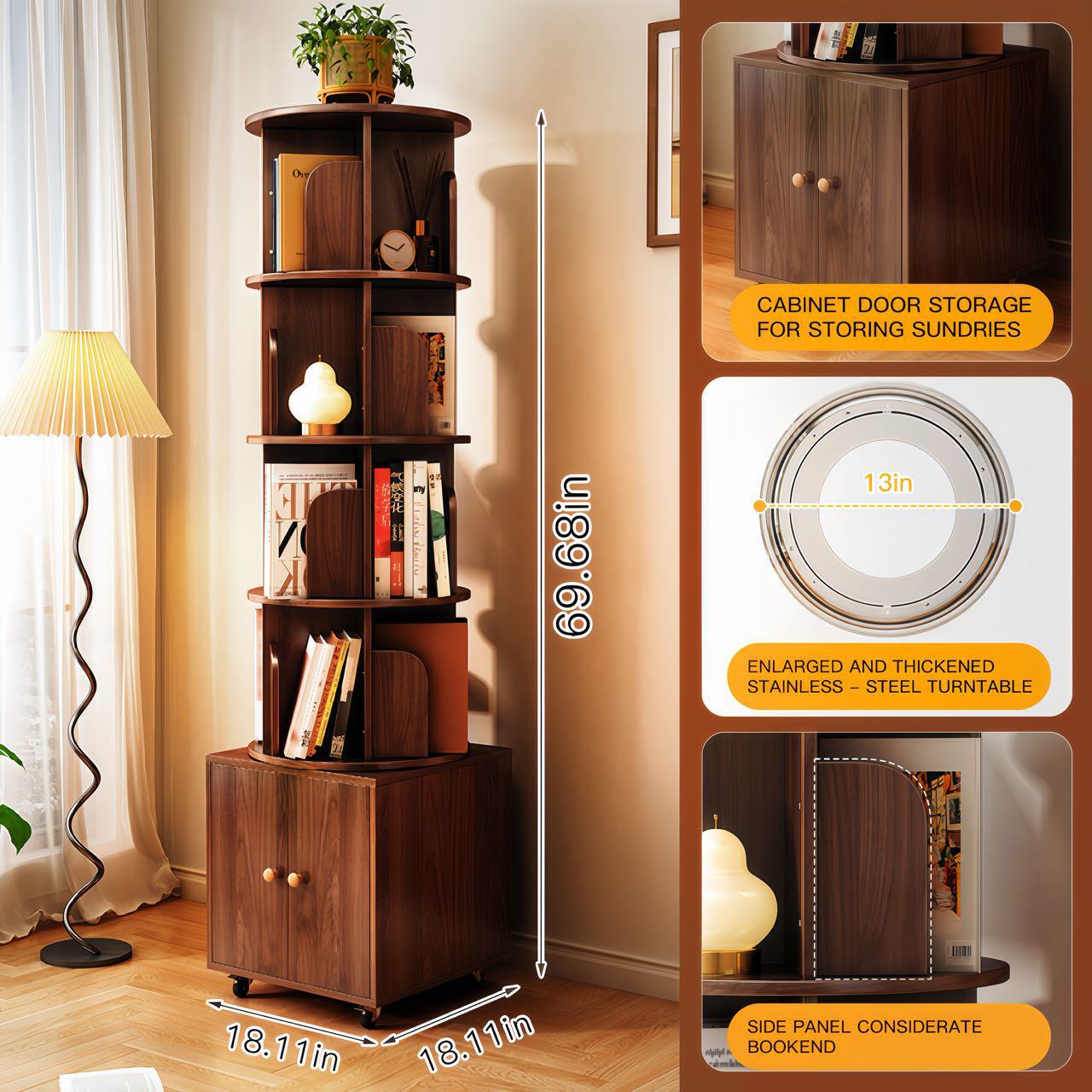 5-Tier 360-Degree Rotating Corner Bookshelf with Drawer, Wood Book Shelf Organizer for Bedroom, Living Room, 18" L x 18" W x 70" H, Walnut Brown