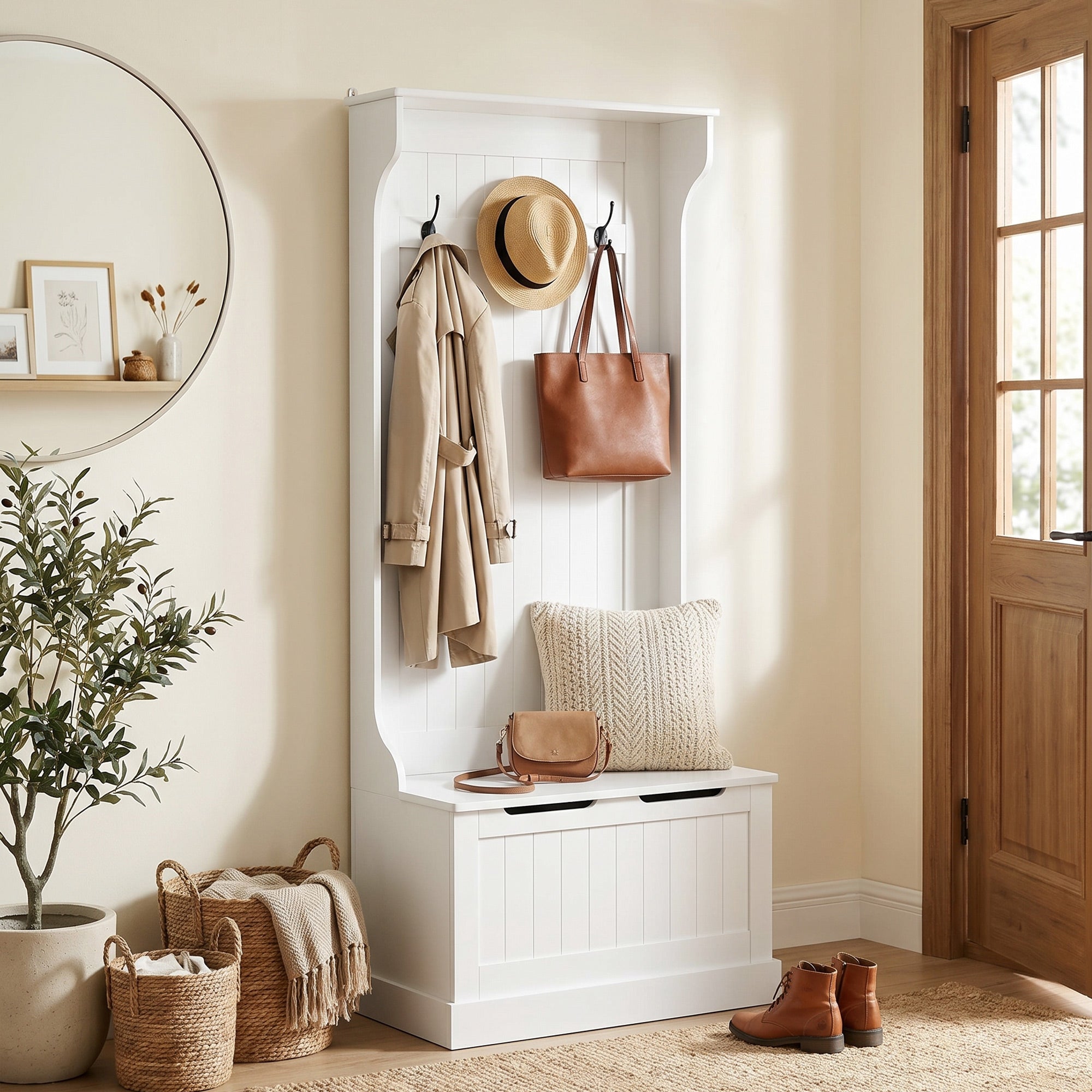 Hall Tree with Coat Rack, Storage, and Sitting Bench, White