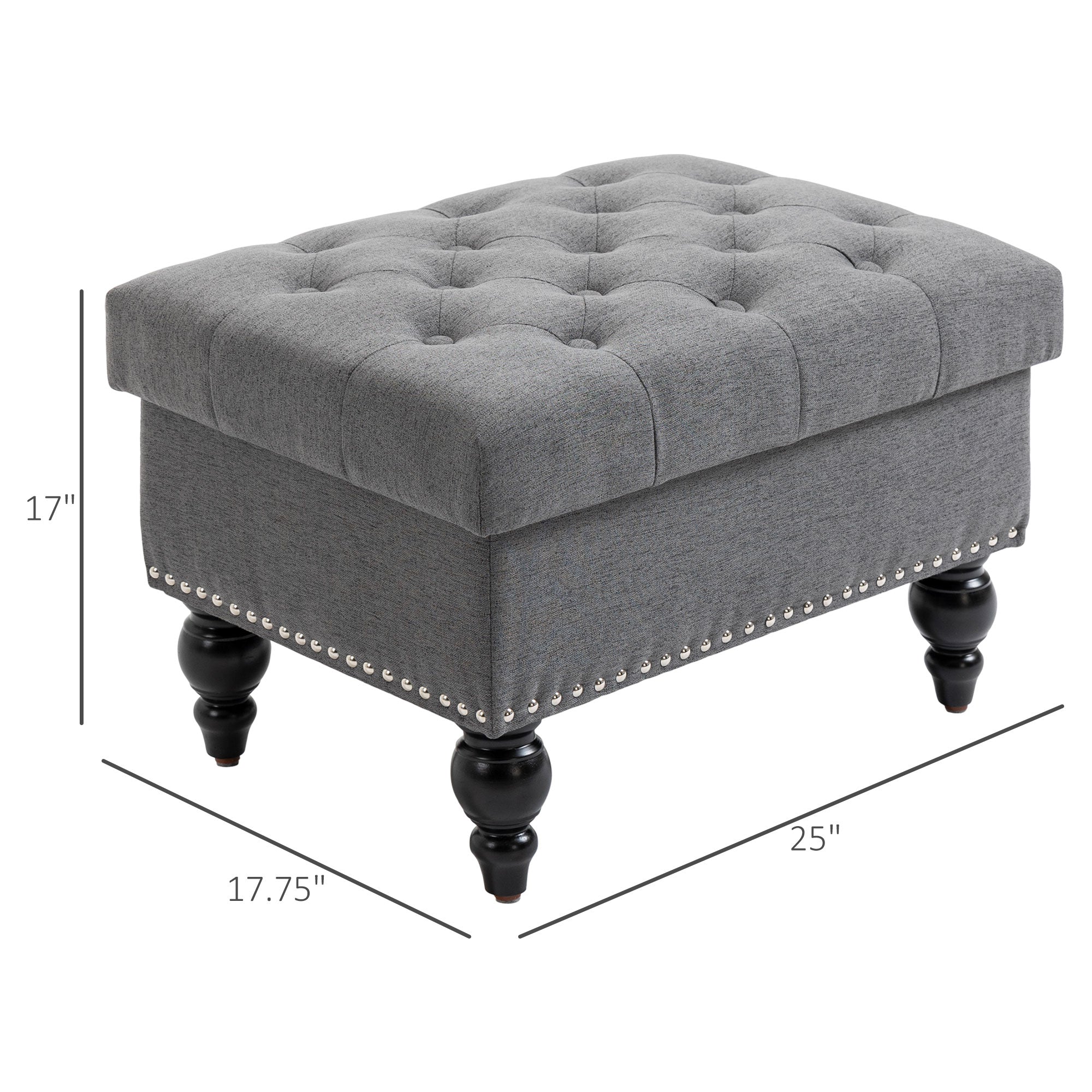 Ottoman with Storage for Living Room, 25" Storage Ottoman with Removable Lid, Button-Tufted Fabric Bench for Footrest and Seat with Wood Legs, Gray