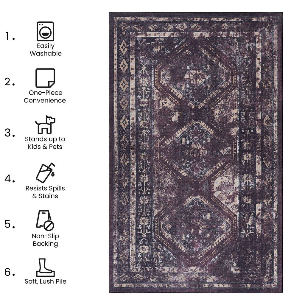 3x5 Washable Low-Pile Non-Slip Non-Shedding Area Rug, Kid and Pet Friendly, Foldable for Living Room, Bedroom, Dining Room, Black+Burgundy