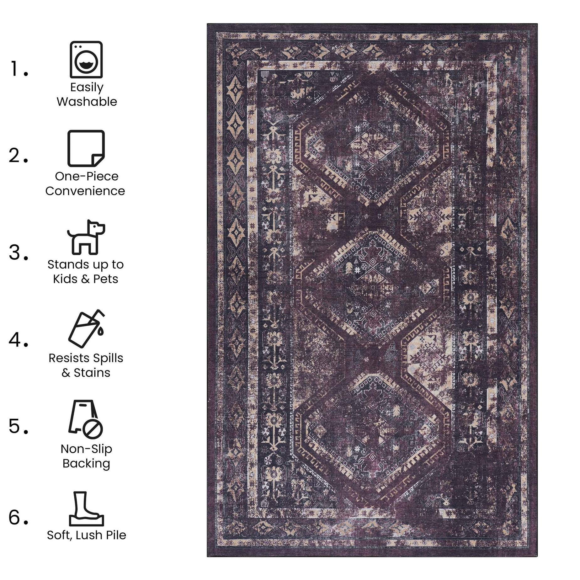 3x5 Washable Low-Pile Non-Slip Non-Shedding Area Rug, Kid and Pet Friendly, Foldable for Living Room, Bedroom, Dining Room, Black+Burgundy