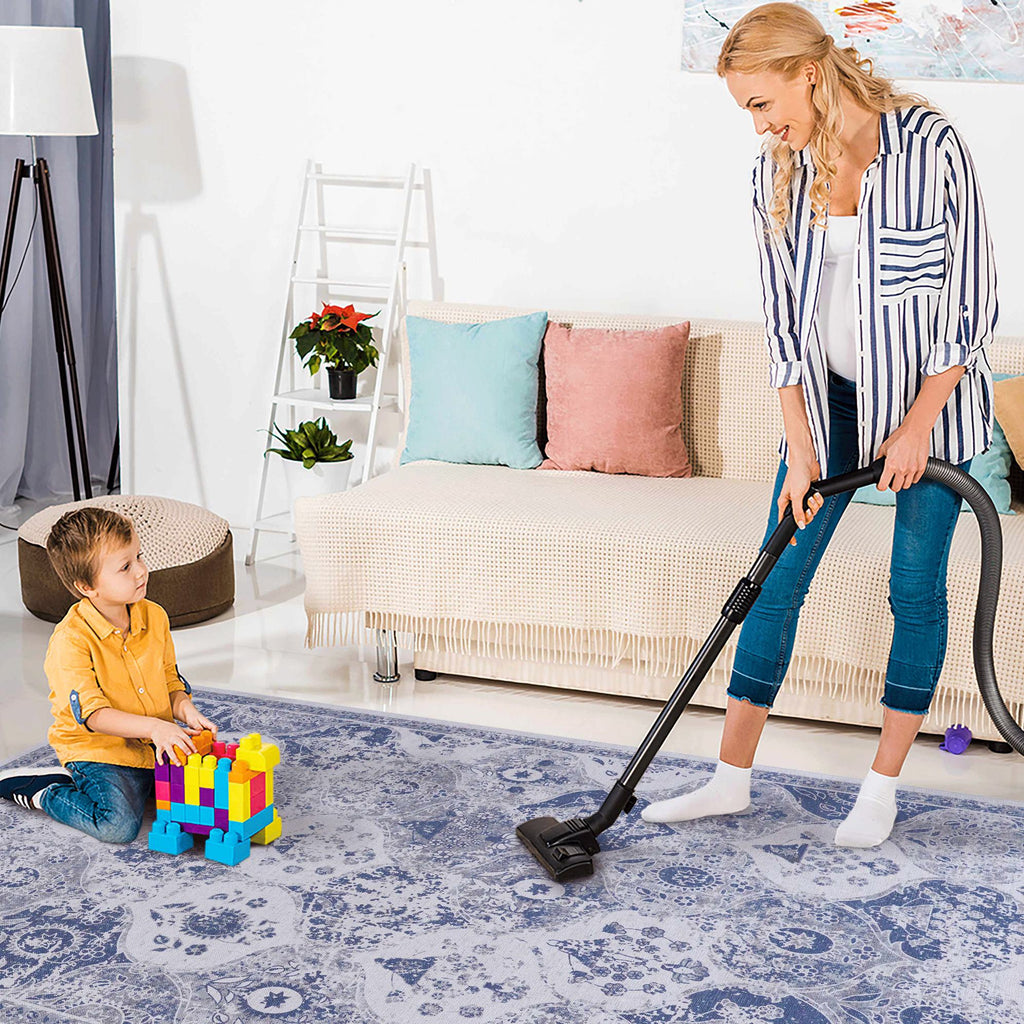 2x10 Low-Pile Non-Slip Non-Shedding Washable Area Rug, Kid and Pet Friendly, Foldable Carpet for Bedroom, Kitchen, Dining Room, Blue