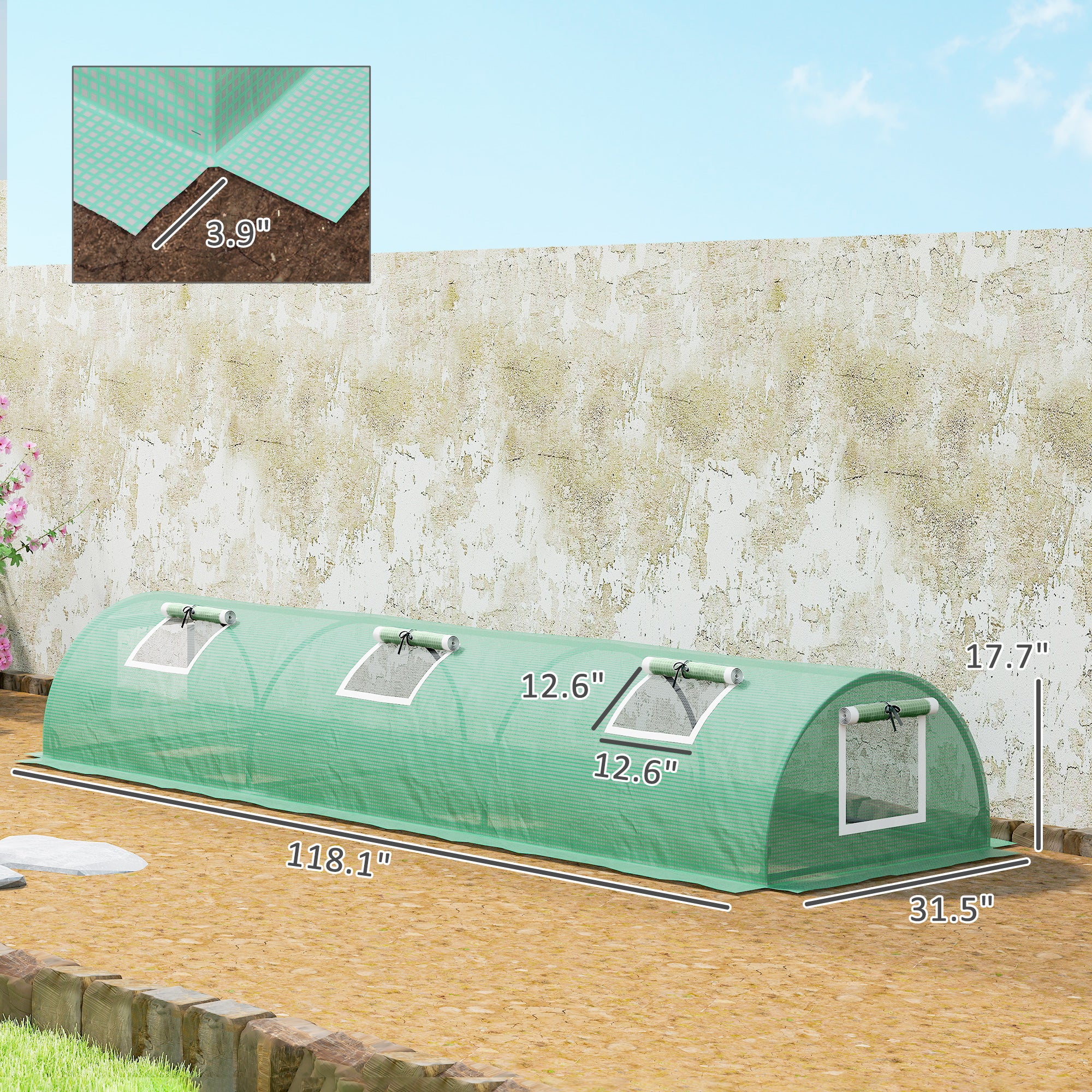 Mini Greenhouse with 5 Mesh Windows, Portable Plant Hot House with PE Cover and Steel Frame, 10' x 3' x 2', Green