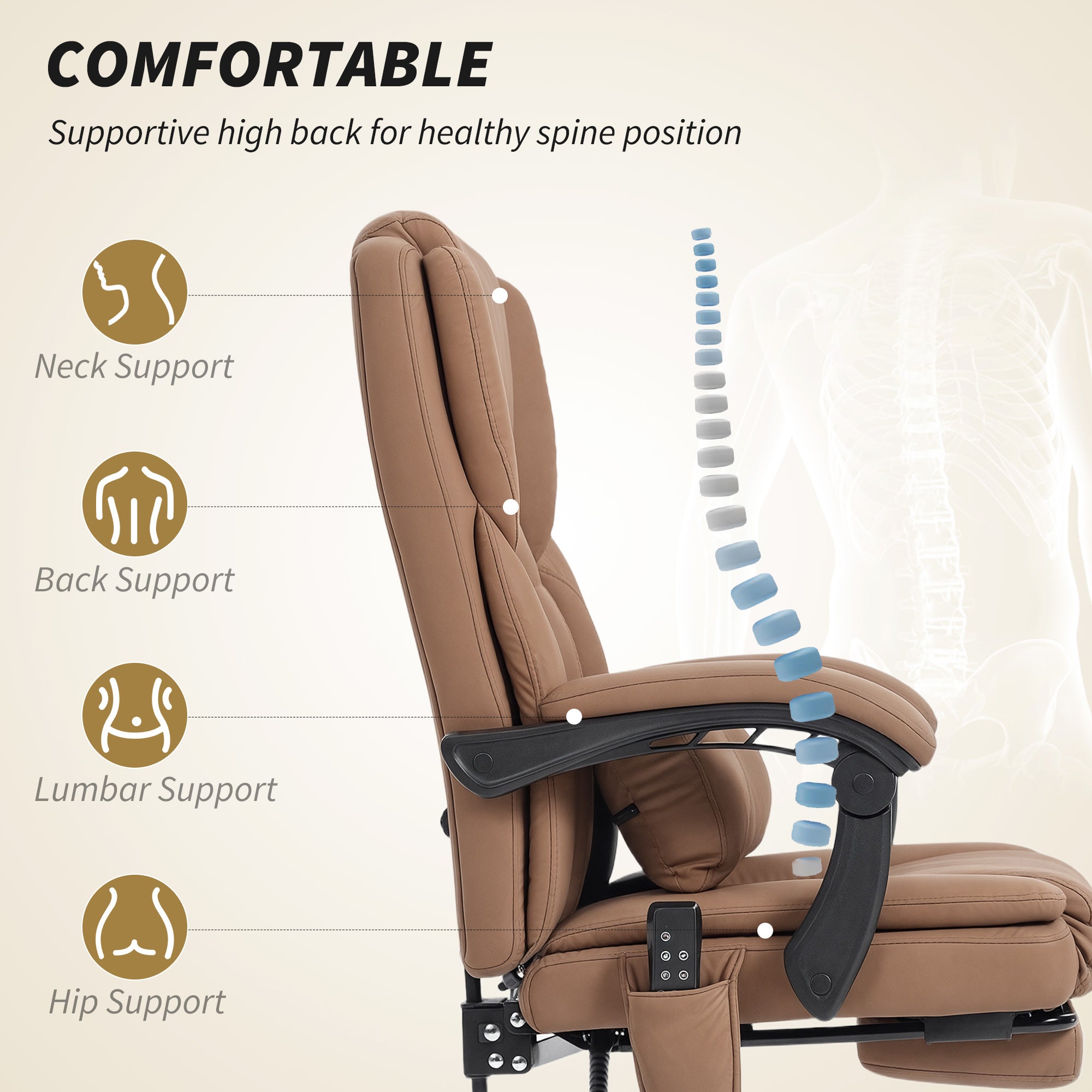 Office Chair with Massage, Pet-Friendly Faux Leather Reclining Desk Chair with Lumbar Support, Footrest, Brown