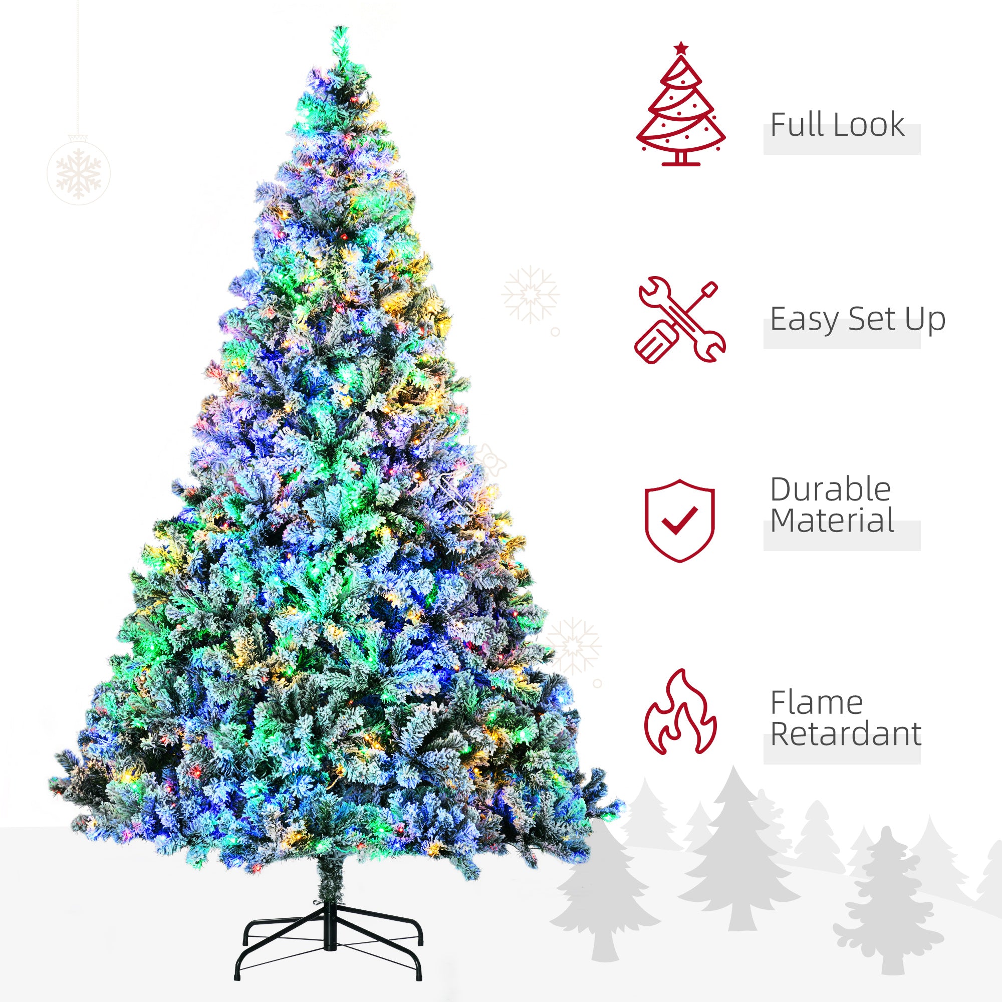 9' Artificial Snow Christmas Trees with Frosted Branches, Warm White or Colorful LED Lights, Steel Base