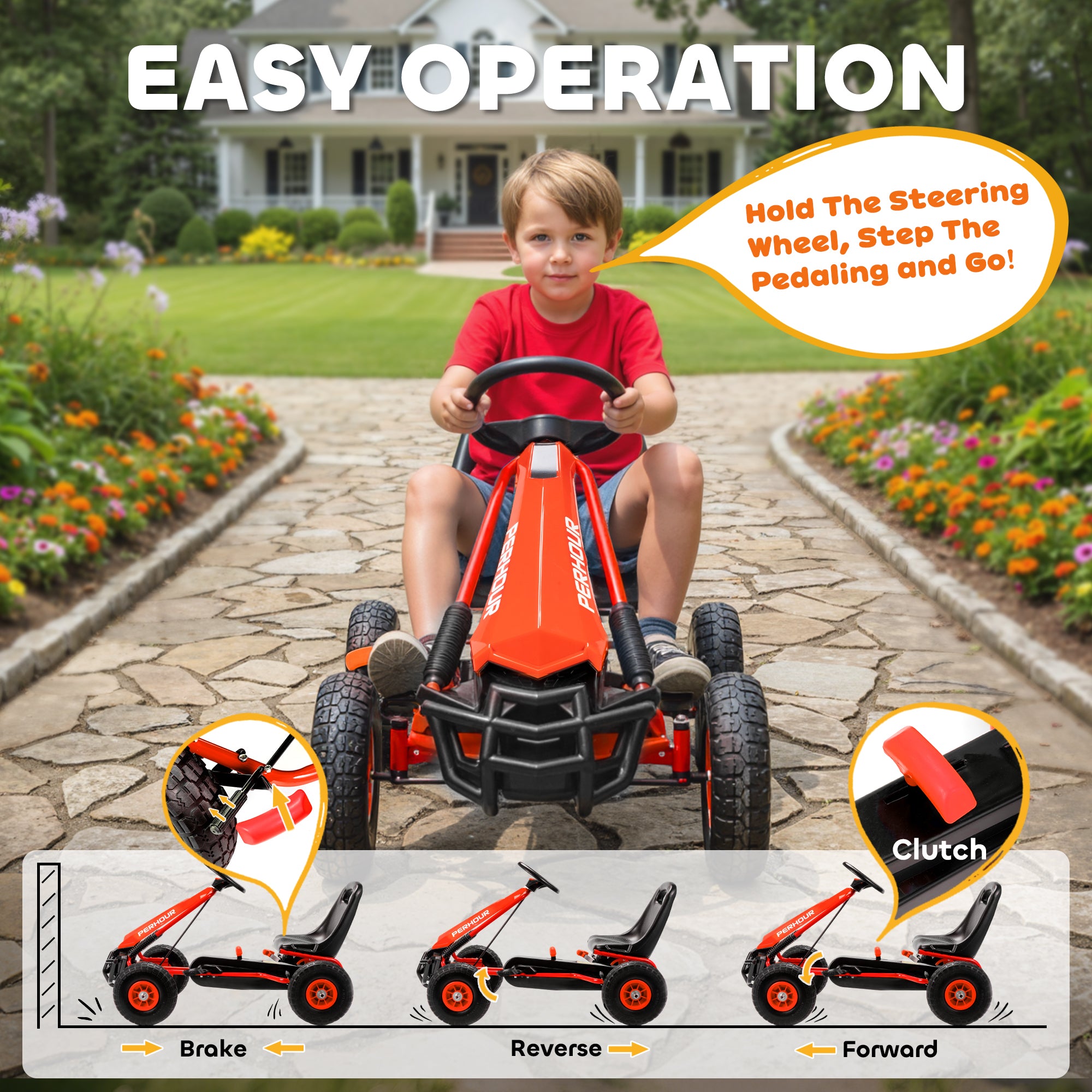 Kids Go Kart, Pedal Car with Adjustable Seat, EVA Wheels, Brake, for Boys & Girls Aged 3-8 Years Old, Red
