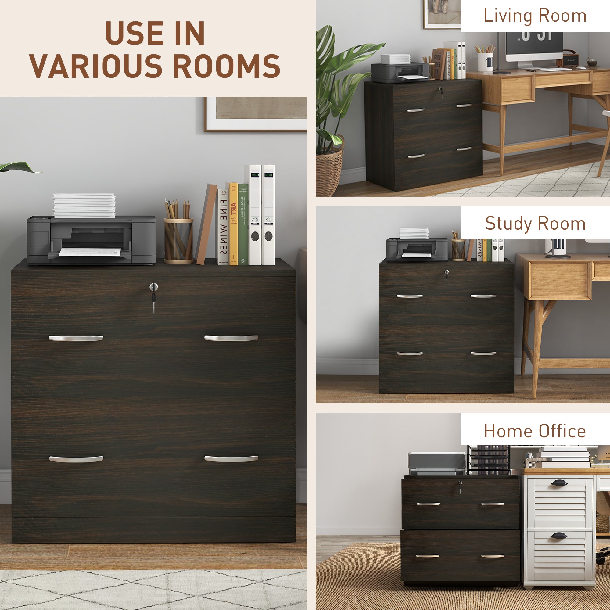 2-Drawer File Cabinet with Lock and Keys, Lateral Storage Filing Cabinet with Hanging Bar for Letter Size, Home Office, Walnut