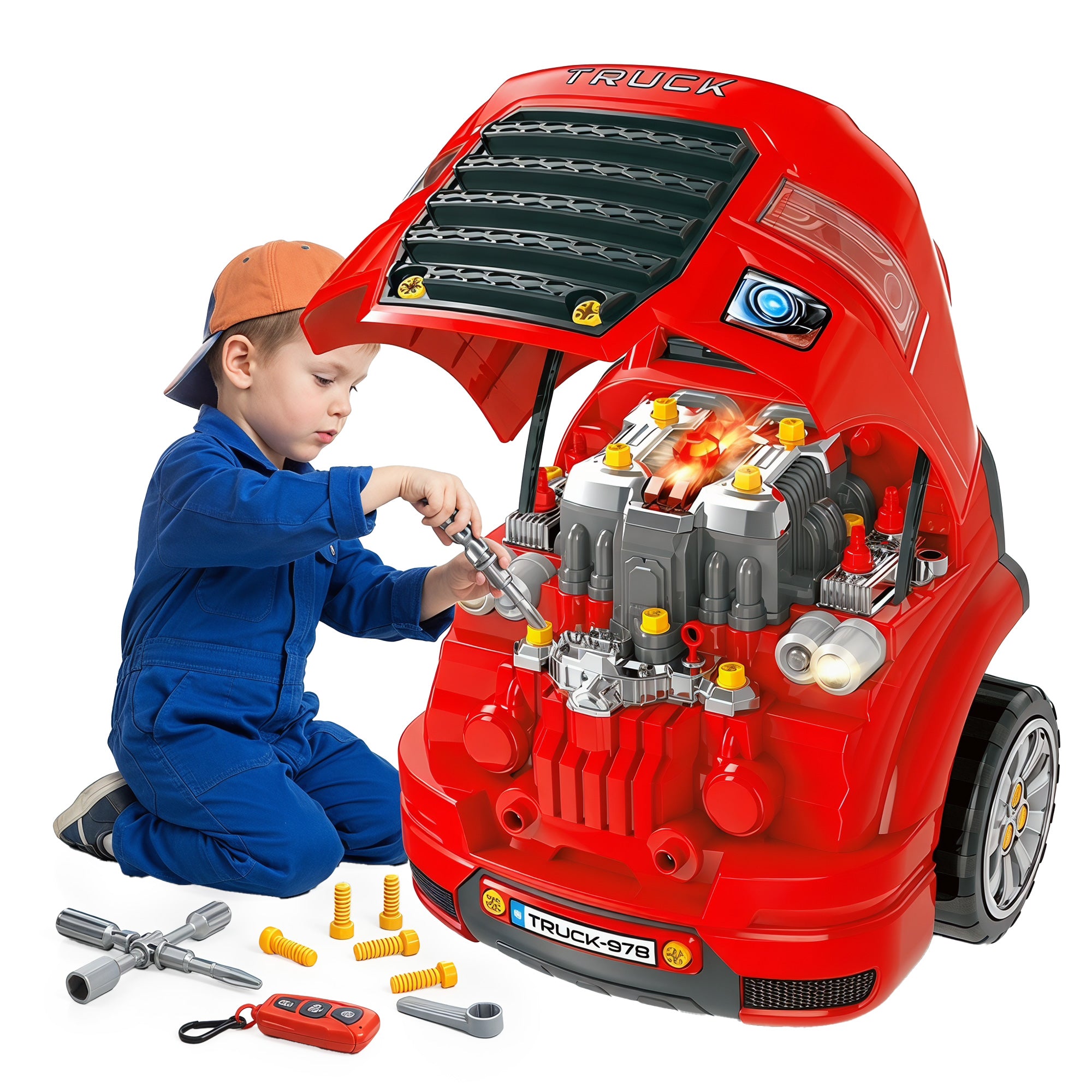 Mechanic Kids Truck Engine Toy Set, Car Service Play Set, Red