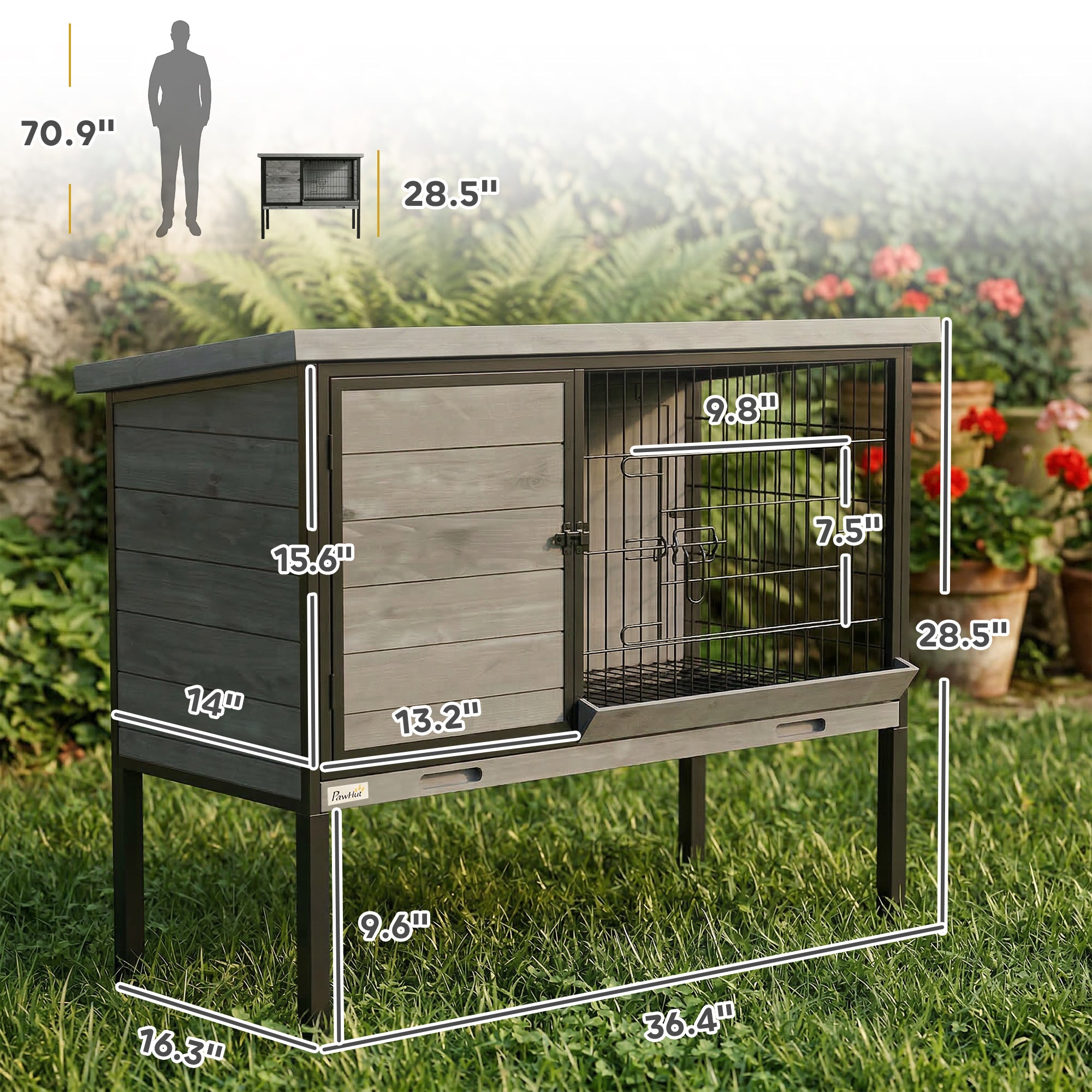 Elevated Rabbit Hutch Outdoor, Wooden Rabbit Cage Bunny House with Pull-out Tray and Openable Plastic Roof
