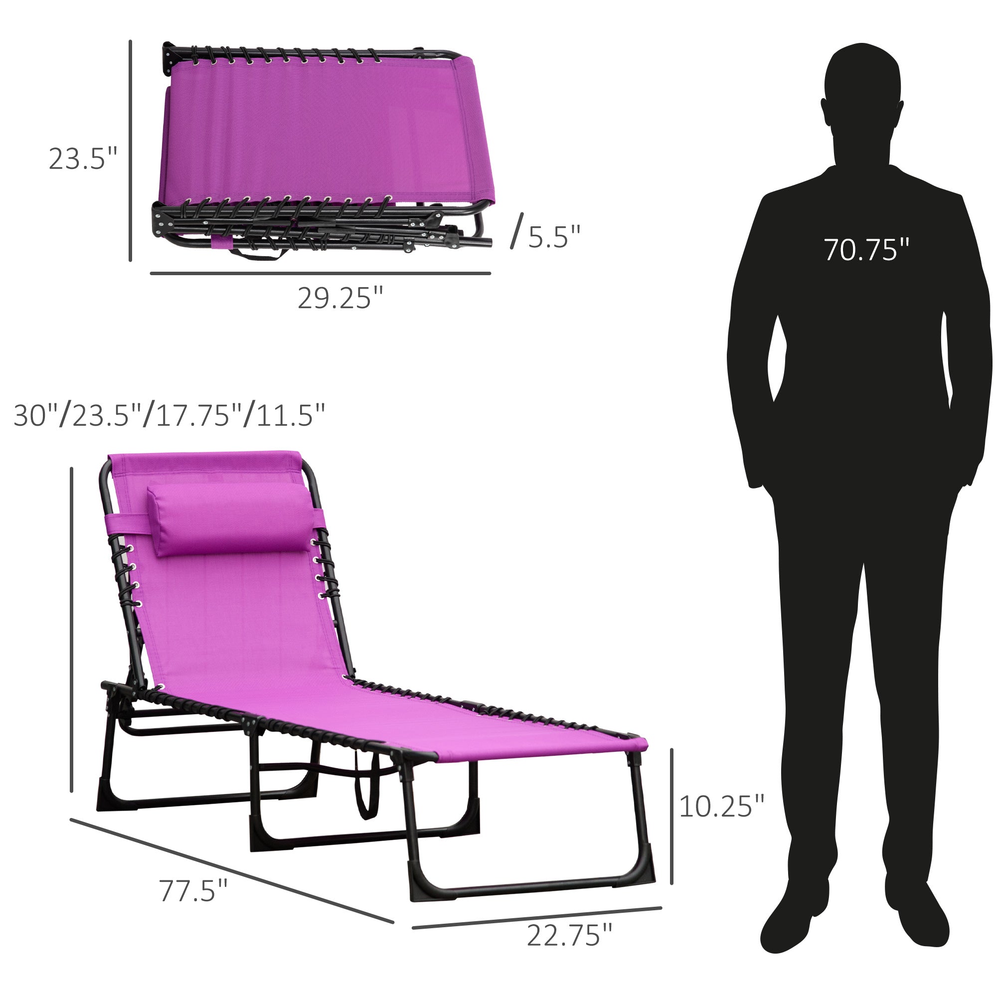 Set of 2 Folding Chaise Lounge Chairs, Outdoor Sun Tanning Chairs with Reclining Back, Purple