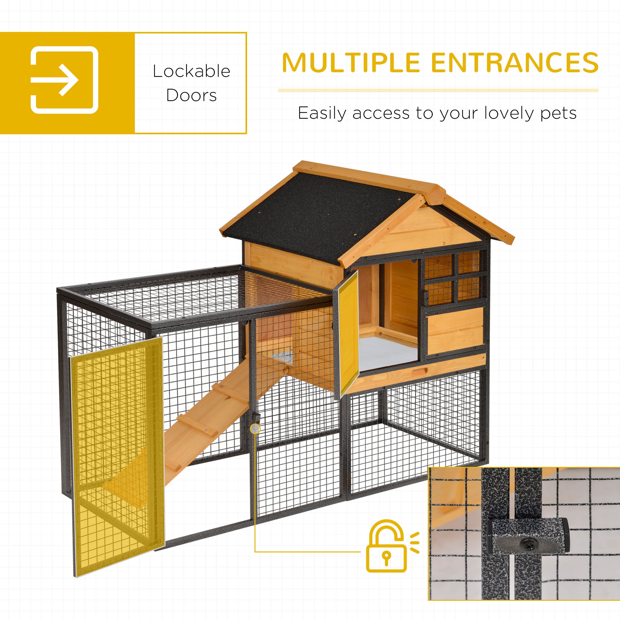 Outdoor Rabbit Cage Elevated Pet House w/ Slide-Out Tray, Natural Wood & Black
