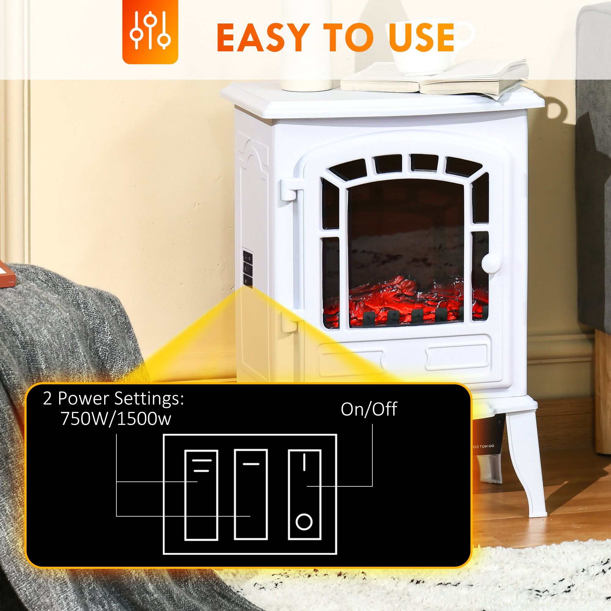 Electric Fireplace Heater, Freestanding Fireplace Stove with Realistic Flame Effect Overheat Protection 750W/1500W White