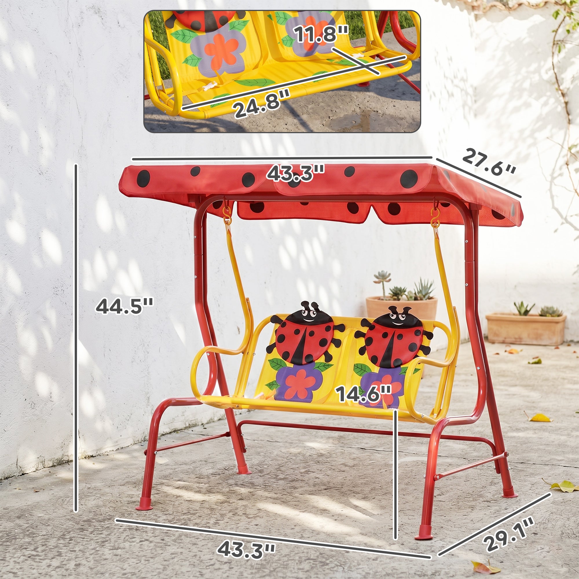 Kids Patio Swing, Adjustable Canopy Swing Glider, Kids Outdoor Swing Chair with 2 Seats, Seat-Belted Safety, Red