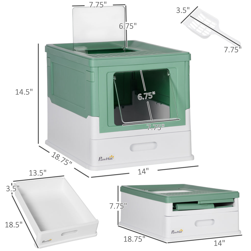 Fully Enclosed Cat Litter Box with Front Entry and Top Exit, Plastic, Green & White