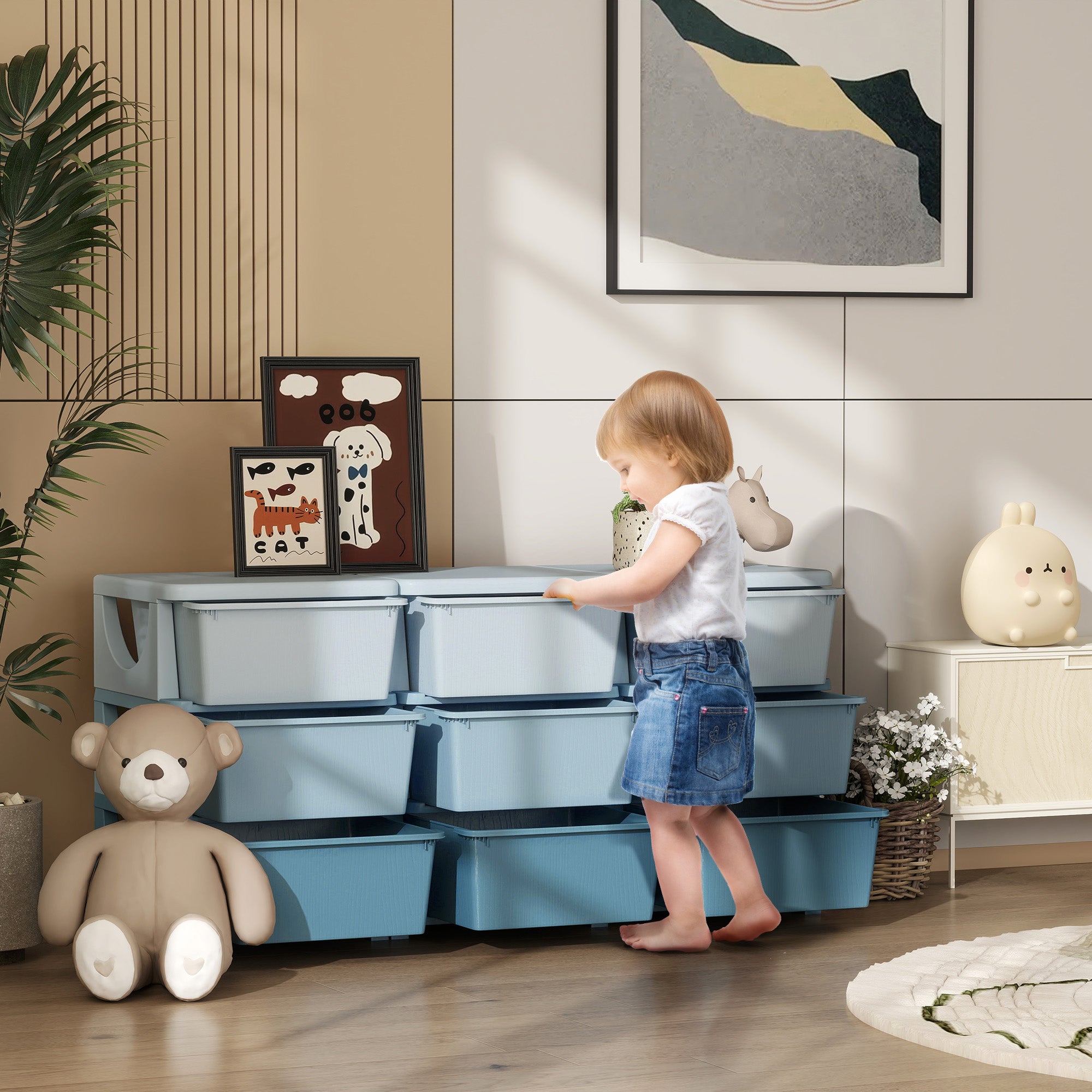 29.5" 3 Tier Kids Storage Unit Dresser Tower w/ 9 Drawers, Blue