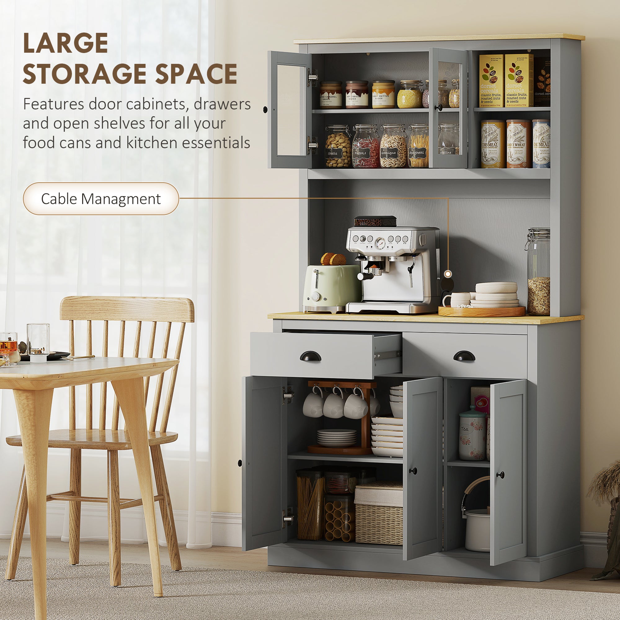 Freestanding Kitchen Cabinet, 71" Tall Pantry Cabinet, Modern Hutch with Wide Countertop, Adjustable Shelves, Gray
