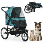 3 Wheels Pet Stroller for Small Dogs and Medium Dogs with Adjustable Canopy, Safety Tether, Storage Basket, Dark Green