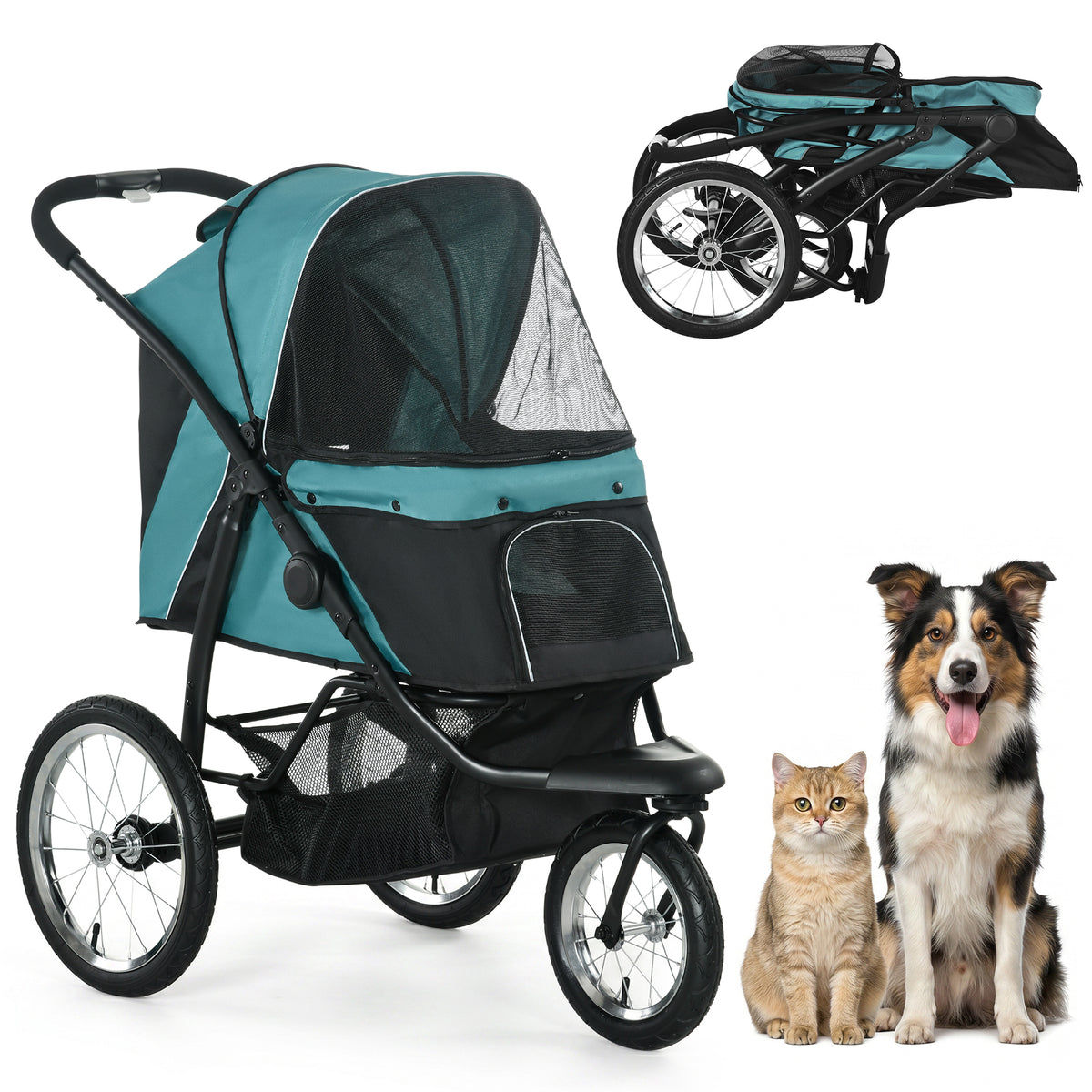 3 Wheels Pet Stroller for Small Dogs and Medium Dogs with Adjustable Canopy, Safety Tether, Storage Basket, Dark Green