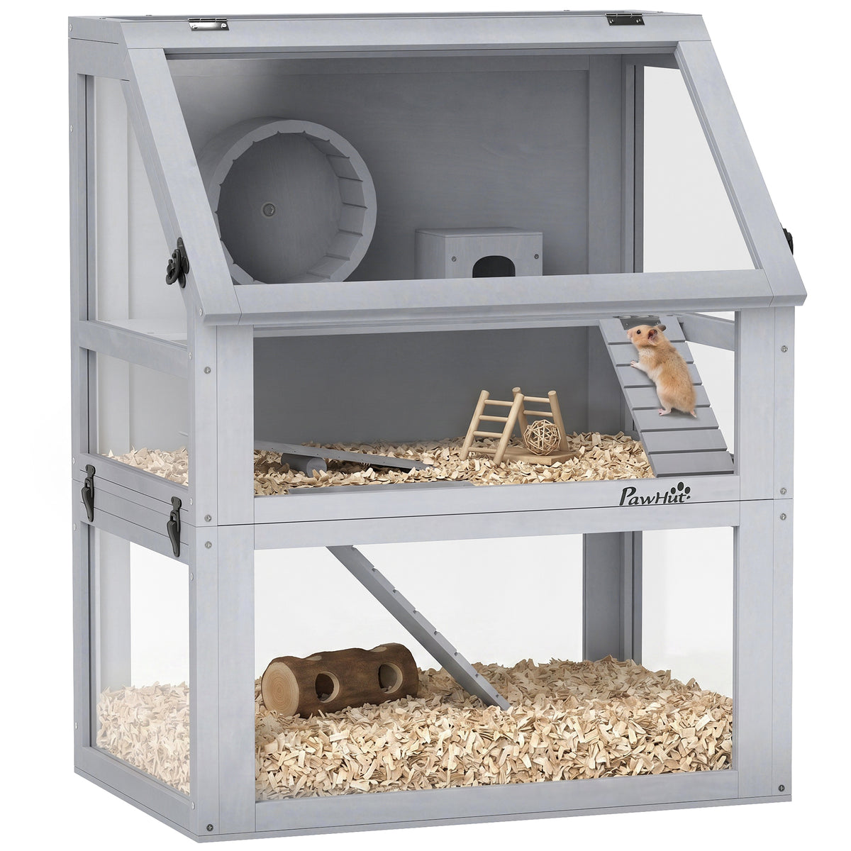 3 Tier Wooden Hamster Cage w/ Detachable Bottom, Hut, Seesaw, Exercise Wheel, Ramps, 24" x 16" x 29.5"
