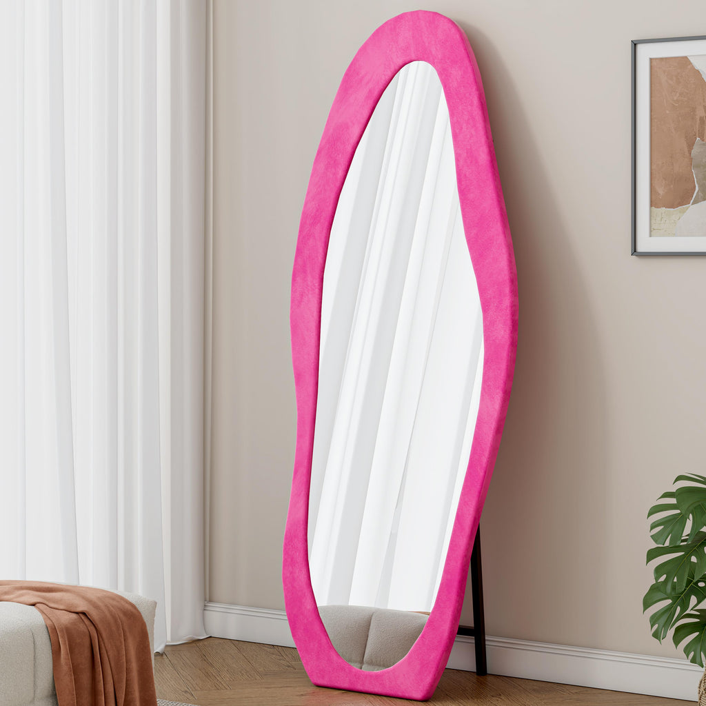 Full-Length Mirror with Flannel-Wrapped Wooden Frame, Irregular Wavy Design, Tempered Glass for Living Room, 63" L x 24" W x 2.5" H, Rose Pink