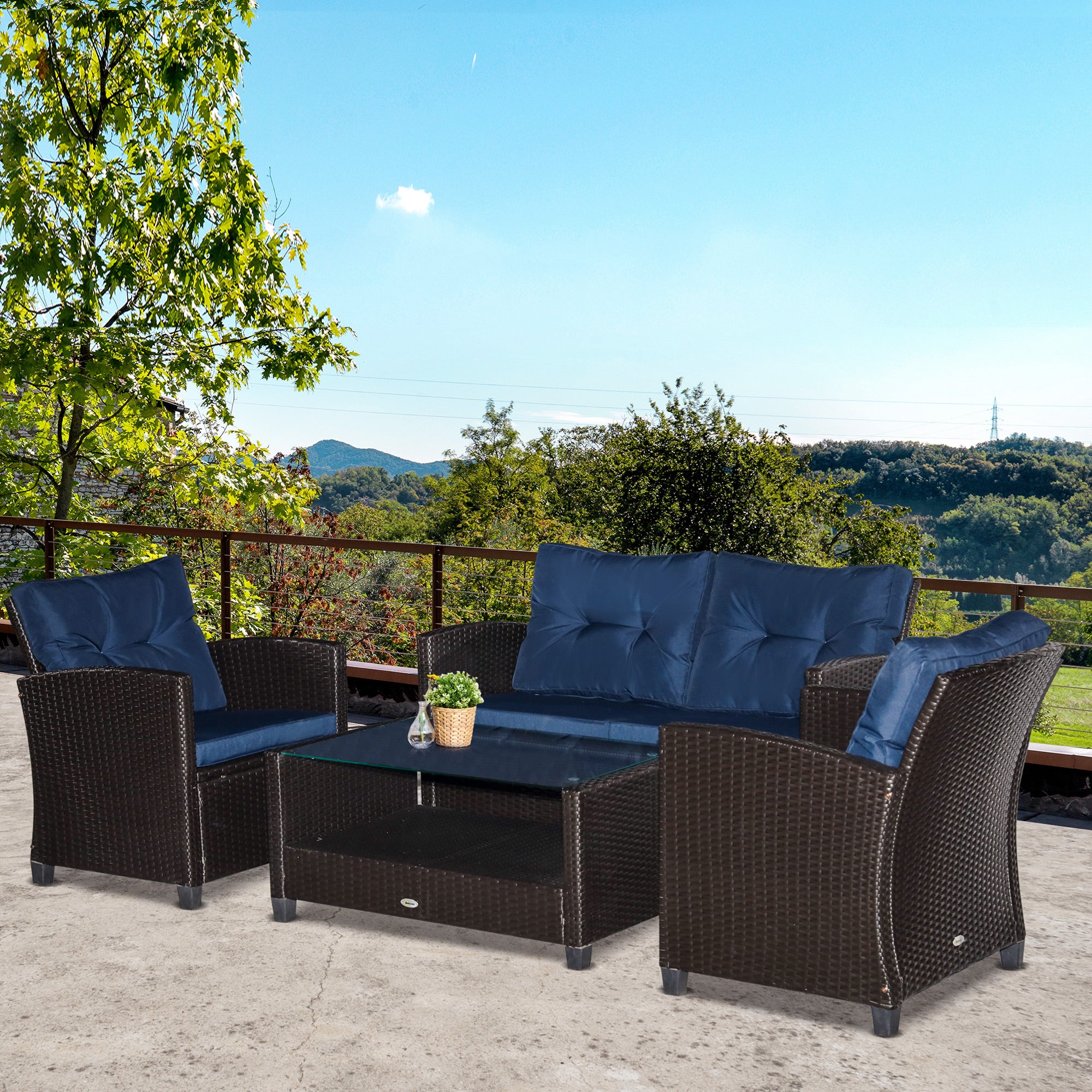 4 Pieces Patio Furniture Sets with Cushions, PE Rattan Wicker Conversation Chairs with Two-Tier Coffee Table for Backyard Porch Garden Poolside and Deck, Blue