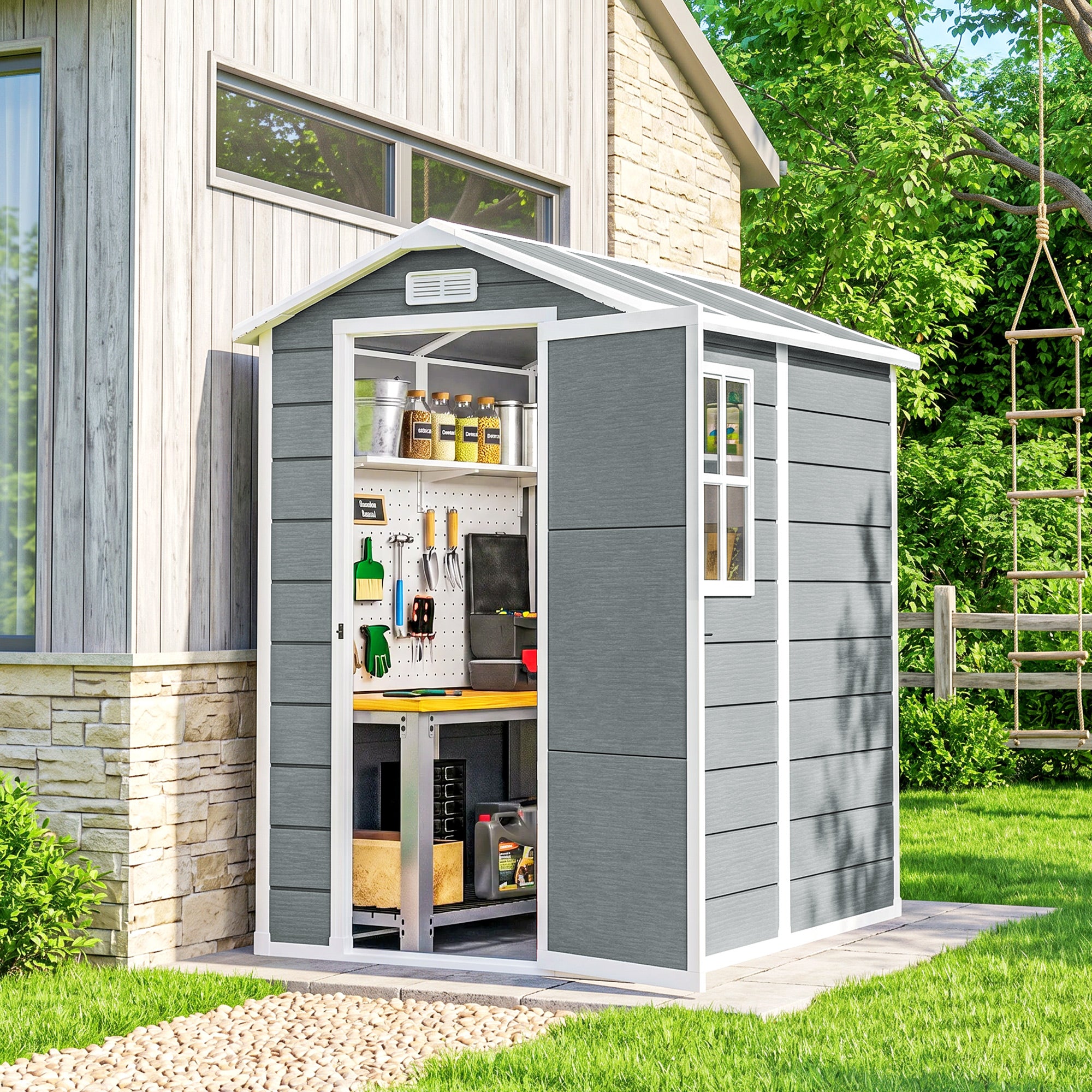 6' x 4' Outdoor Storage Shed, Plastic Shed with Floor, Window, Lockable Door and Vents for Outdoor Patio Storage, Gray