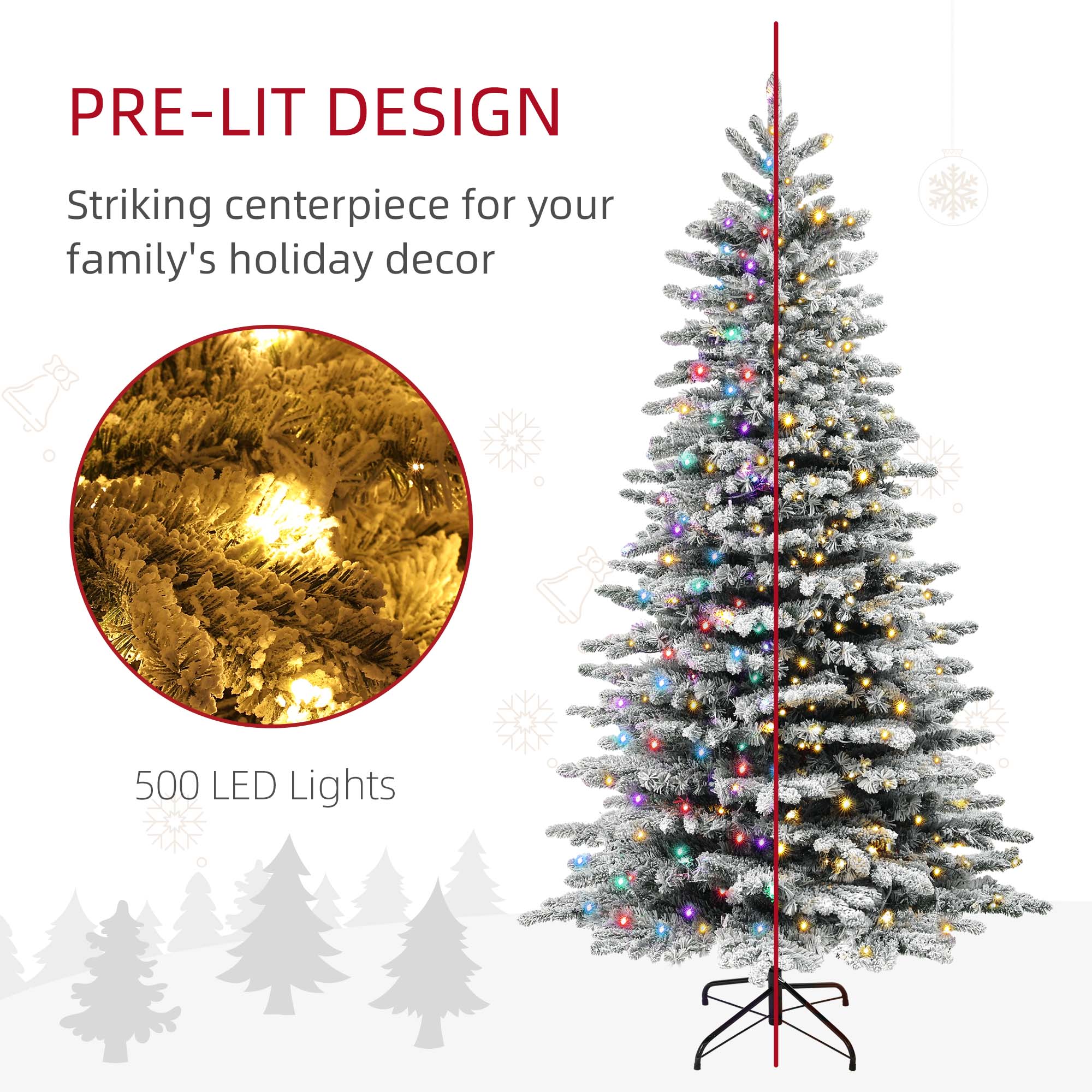 7.5ft Snow Flocked Artificial Christmas Tree, Pre-Lit Christmas Tree with 500 LED Lights and 1264 Branch Tips, Green