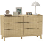 6 Drawer Double Dresser for Bedroom, Fluted Chest of Drawers with Gold Finger Pulls and 5 Wood Legs, Natural Wood